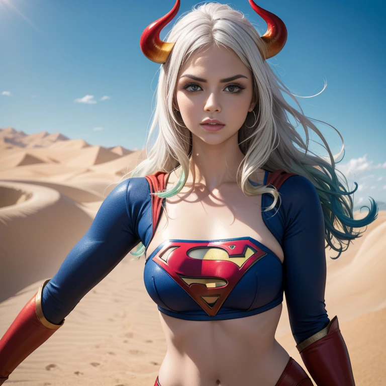 Detalhado cabelo branco longo,  tamanho de arquivo enorme, 1girl, demon girl, Superhero Supergirl, terno Supergirl, capa vermelha, S do super-homem no peito, blue swimsuit, saia azul, botas vermelhas, ultra sexy hiper sedutora, (Desert Oasis:1.1), Rosto extremamente detalhado, Foto RAW, filmic grain, master part, UHD, HDR, skin pores, maquiagem sedutora escura requintada, delineador escuro, buffalo horn with red tips ((longos cabelos brancos)), poses femininas sensuais sem vergonha, ((seios muito firmes)), (((tonificado, Impeccable, encaixe, corpo perfeito e anatomia;))), ((Olhando para o Viewer)), ((hiper sedutor)), profundidade de campo, alto, sexy , realismo, VFX, Volumetric lighting, volumetric light, volumetric, natural lighting, Detalhado e intrincado,  Detalhes intrincados, quantidade absurda de detalhes, absurdos, high resolution, na cidade