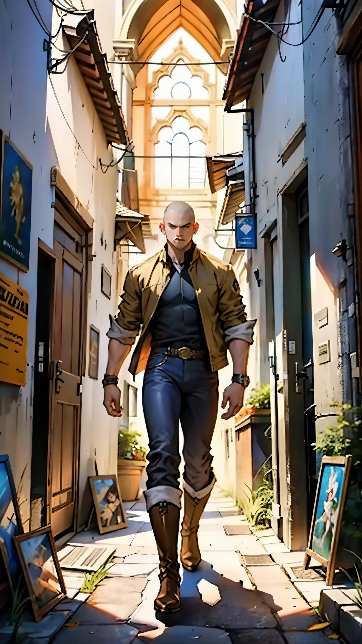 In the backdrop of an ancient fantasy-reality setting, a youth sporting a platinum crew cut displays a piercing gaze and confident demeanor. Adorned in a two-piece fusion outfit, seamlessly blending Western and Eastern influences, he wears a snug dark top paired with a vibrant yellow-blue short jacket. The lower half features loose white utility pants, and his sturdy long boots echo through the corridors of an antiquated architectural landscape. The overall aesthetic captures the essence of a refined and mature anime-inspired rogue, symmetrical face, extremely detailed eyes and face, high quality eyes, high definition, highres, ultra-fine painting, exquisite and mature, extremely delicate, professional, anatomically correct, creativity, UHD, HDR, 32k, Natural light, cinematic lighting, best shadow, masterpiece-anatomy-perfect, best quality, masterpiece, ultra-detailed