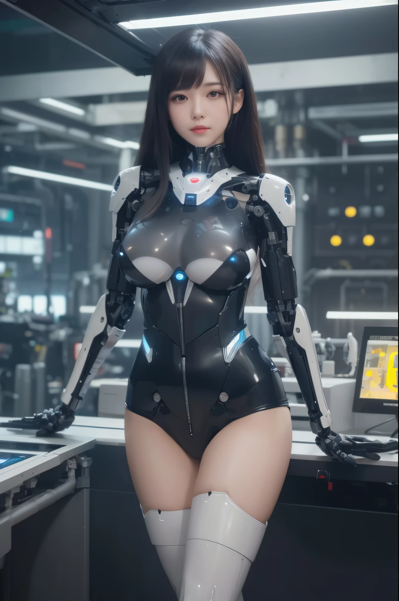 masterpiece, best quality, extremely detailed, hight resolution, 超A high resolution:1.1, (masutepiece, Realistic, Photorealsitic:1.1),8k portrait, Japaese android Girl,Plump,single eyelid,announcer,control panels,android,Droid,Mechanical Hand, Robot arms and legs, Black hair,Mechanical body,Blunt bangs,perfect mechanical abdomen,White robotics parts,perfect robot woman,cyberpank costume,She is powered by electricity,future laboratory,perfect plastic body,perfect mechanical body,black sponge joints,The removable cover is on the groin,The connection port is on the groin,opened  panel,access panel on the ,opened  panel,perfect mechanical ,machine body,white robot body,ceramic ,perfect plastic ,She has been assembled by robotarm,assembly plant,miniskirt,pleated skirt,boots,perfect future costume,perfect mechanical bodycover,separate booth,She has storaged in the booth,perfect machine body,perfect cyborg girl,