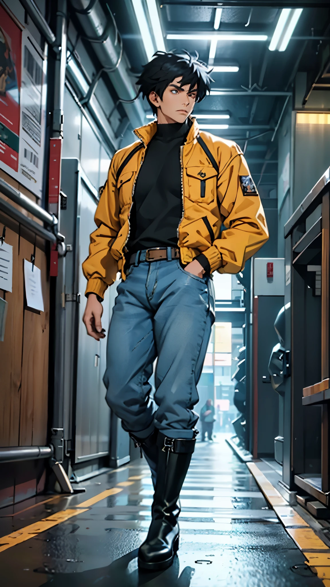 In the backdrop of an ancient fantasy-reality setting, a youth sporting a platinum crew cut displays a piercing gaze and confident demeanor. Adorned in a two-piece fusion outfit, seamlessly blending Western and Eastern influences, he wears a snug dark top paired with a vibrant yellow-blue short jacket. The lower half features loose white utility pants, and his sturdy long boots echo through the corridors of an antiquated architectural landscape. The overall aesthetic captures the essence of a refined and mature anime-inspired rogue, symmetrical face, extremely detailed eyes and face, high quality eyes, high definition, highres, ultra-fine painting, exquisite and mature, extremely delicate, professional, anatomically correct, creativity, UHD, HDR, 32k, Natural light, cinematic lighting, best shadow, masterpiece-anatomy-perfect, best quality, masterpiece, ultra-detailed