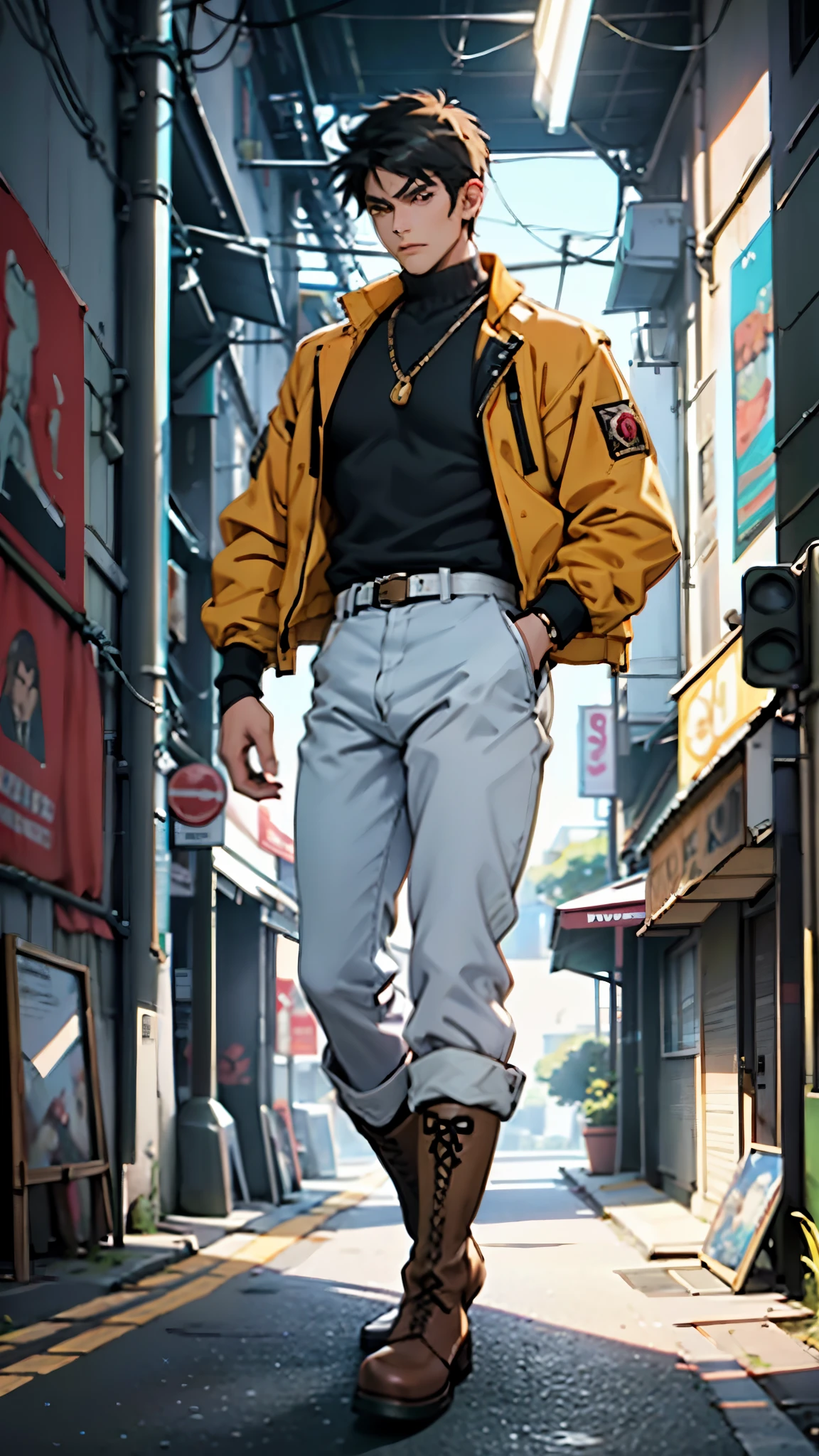 In the backdrop of an ancient fantasy-reality setting, a youth sporting a platinum crew cut displays a piercing gaze and confident demeanor. Adorned in a two-piece fusion outfit, seamlessly blending Western and Eastern influences, he wears a snug dark top paired with a vibrant yellow-blue short jacket. The lower half features loose white utility pants, and his sturdy long boots echo through the corridors of an antiquated architectural landscape. The overall aesthetic captures the essence of a refined and mature anime-inspired rogue, symmetrical face, extremely detailed eyes and face, high quality eyes, high definition, highres, ultra-fine painting, exquisite and mature, extremely delicate, professional, anatomically correct, creativity, UHD, HDR, 32k, Natural light, cinematic lighting, best shadow, masterpiece-anatomy-perfect, best quality, masterpiece, ultra-detailed