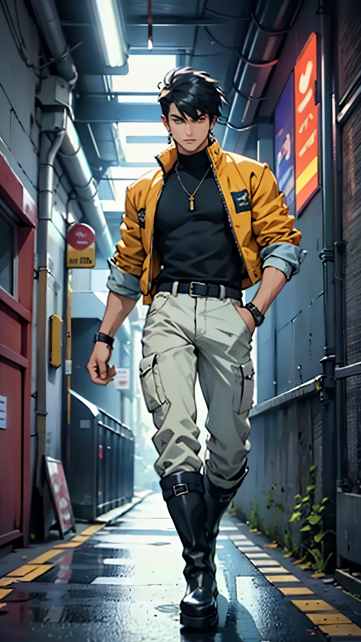 In the backdrop of an ancient fantasy-reality setting, a youth sporting a platinum crew cut displays a piercing gaze and confident demeanor. Adorned in a two-piece fusion outfit, seamlessly blending Western and Eastern influences, he wears a snug dark top paired with a vibrant yellow-blue short jacket. The lower half features loose white utility pants, and his sturdy long boots echo through the corridors of an antiquated architectural landscape. The overall aesthetic captures the essence of a refined and mature anime-inspired rogue, symmetrical face, extremely detailed eyes and face, high quality eyes, high definition, highres, ultra-fine painting, exquisite and mature, extremely delicate, professional, anatomically correct, creativity, UHD, HDR, 32k, Natural light, cinematic lighting, best shadow, masterpiece-anatomy-perfect, best quality, masterpiece, ultra-detailed