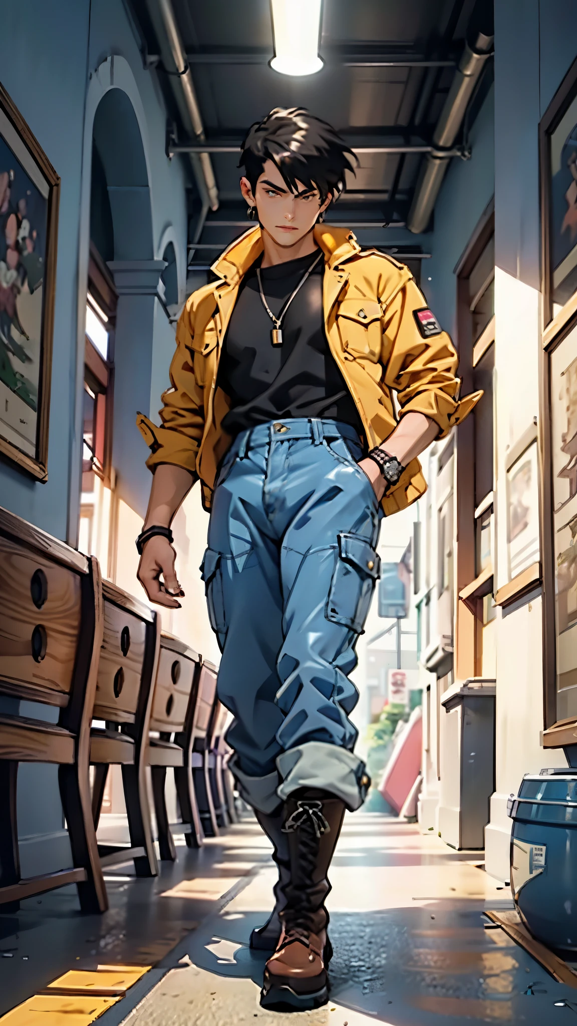 In the backdrop of an ancient fantasy-reality setting, a youth sporting a platinum crew cut displays a piercing gaze and confident demeanor. Adorned in a two-piece fusion outfit, seamlessly blending Western and Eastern influences, he wears a snug dark top paired with a vibrant yellow-blue short jacket. The lower half features loose white utility pants, and his sturdy long boots echo through the corridors of an antiquated architectural landscape. The overall aesthetic captures the essence of a refined and mature anime-inspired  rogue, symmetrical face, extremely detailed eyes and face, high quality eyes, high definition, highres, ultra-fine painting, exquisite and mature, extremely delicate, professional, anatomically correct, creativity, UHD, HDR, 32k, Natural light, cinematic lighting, best shadow, masterpiece-anatomy-perfect, best quality, masterpiece, ultra-detailed