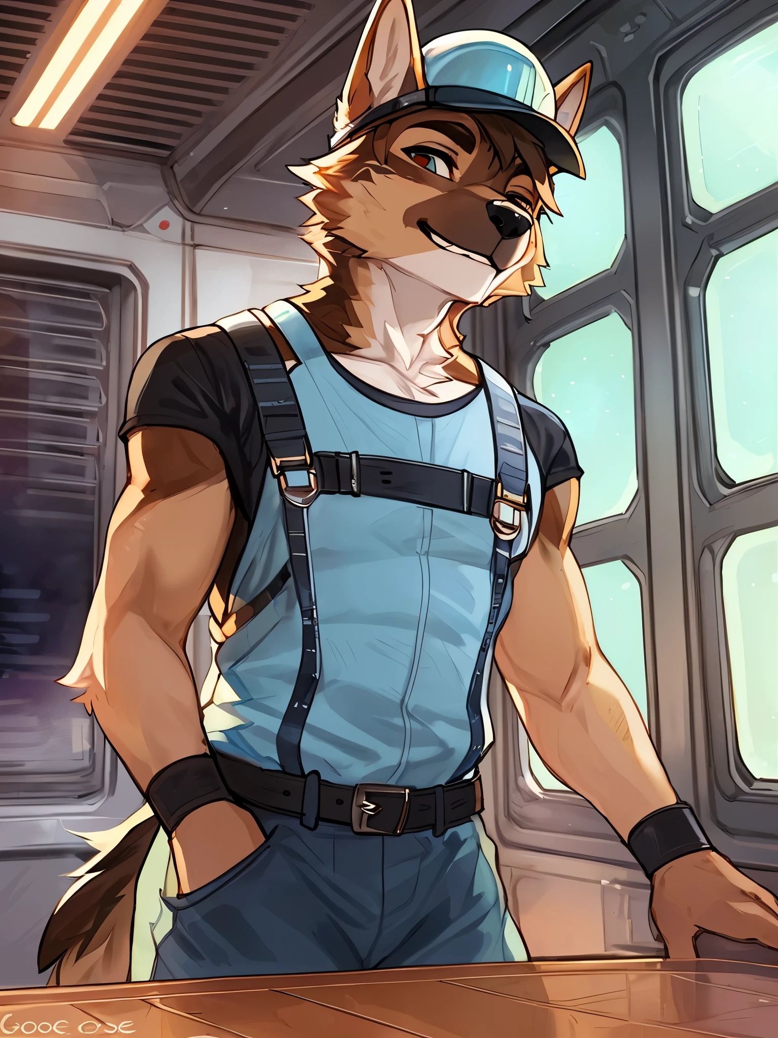 By bebebebebe, by lostgoose, by goonie-san, solo, ((snout, ears)), canine, (german shepherd), male, smirking, (slim, muscular), spaceship, window, space, green coveralls, hardhat
