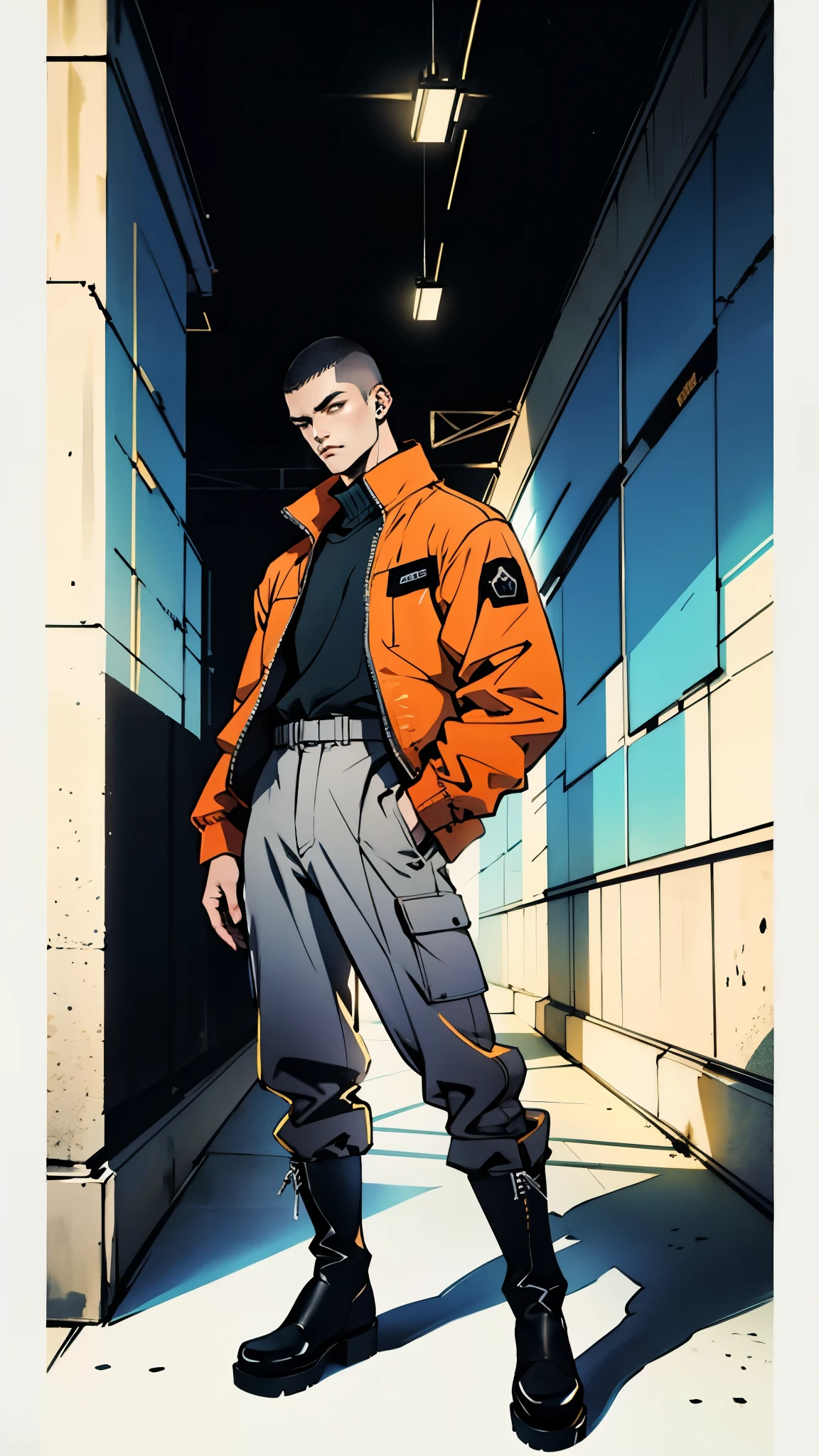 In the backdrop of an ancient fantasy-reality setting, a youth sporting a platinum crew cut displays a piercing gaze and confident demeanor. Adorned in a two-piece fusion outfit, seamlessly blending Western and Eastern influences, he wears a snug dark top paired with a vibrant yellow-blue short jacket. The lower half features loose white utility pants, and his sturdy long boots echo through the corridors of an antiquated architectural landscape. The overall aesthetic captures the essence of a refined and mature anime-inspired rogue, symmetrical face, extremely detailed eyes and face, high quality eyes, high definition, highres, ultra-fine painting, exquisite and mature, extremely delicate, professional, anatomically correct, creativity, UHD, HDR, 32k, Natural light, cinematic lighting, best shadow, masterpiece-anatomy-perfect, best quality, masterpiece, ultra-detailed