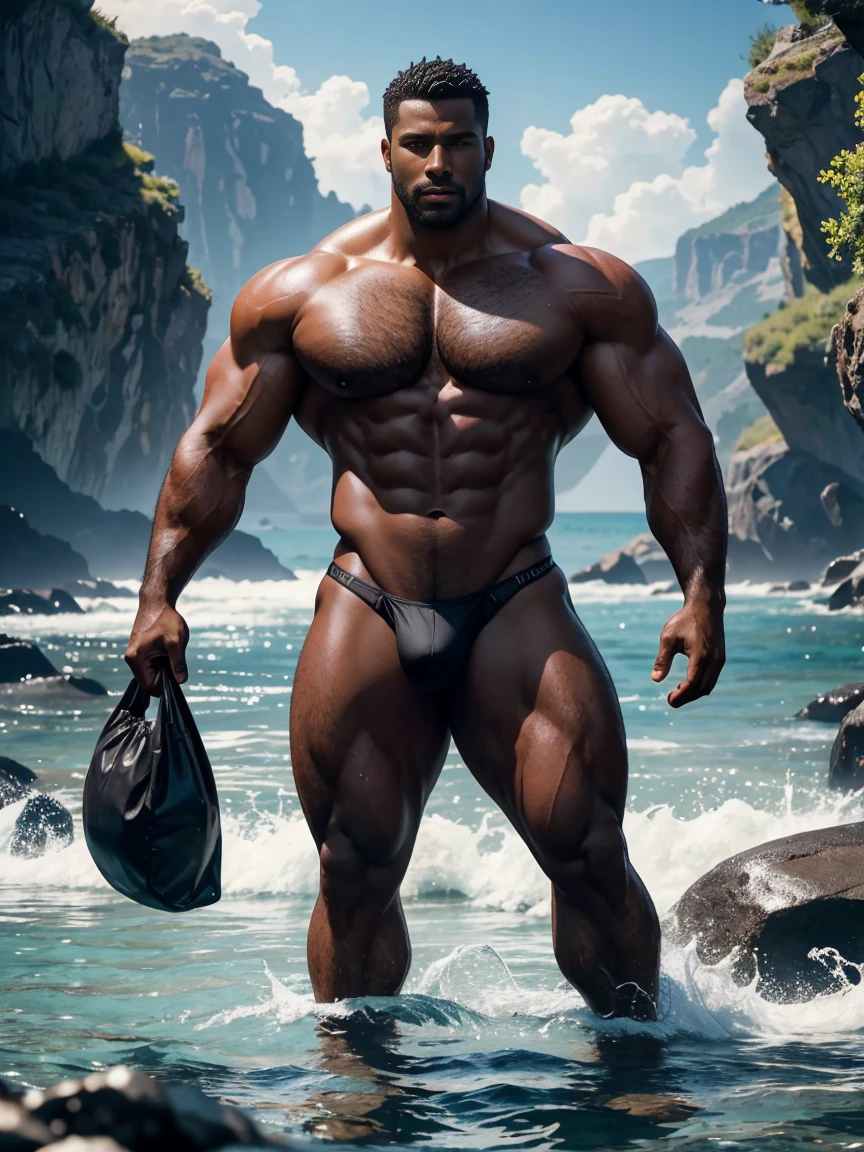 8k，8K resolution，2 Muscular Europeans, handsome man，charming eyes，dark skin,beautiful, smooth and shiny，Full muscles，Thick body hair，naked， (thong)，big bag，emphasize，Two people standing in the water，Ink quality，professional lighting，Professional photography，Realistic photos，realistic model，realistic art