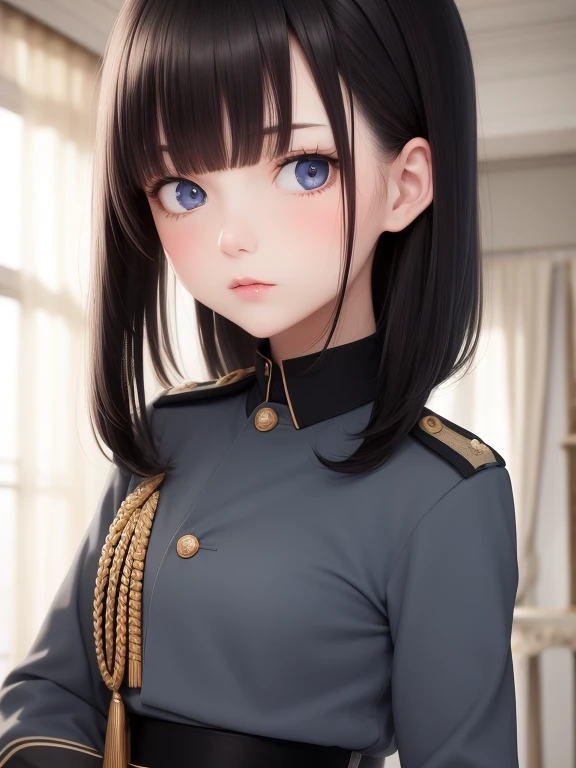 best quality, masterpiece, Black hair, blue eyes, looking up, upper body, blush, cute, ww2 german officer uniform,