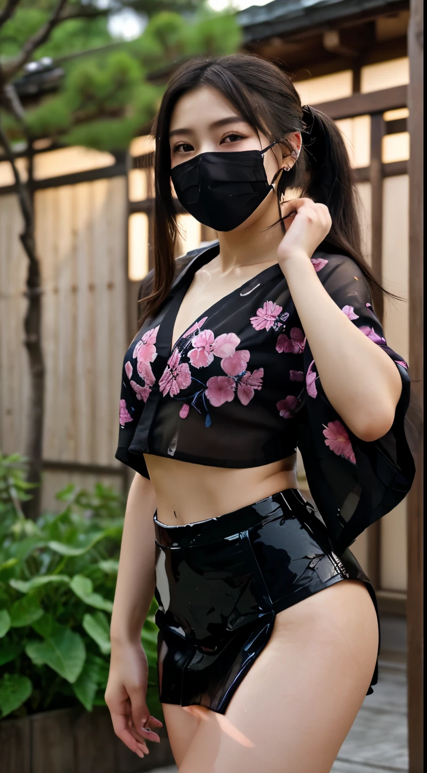 NSFW、最high quality、high quality、best image quality、8K、最High resolution、High resolution、最high quality、masterpiece、RAW photo、full body photo、realistic atmosphere、(detailed face)、(fine hands、thumb1reference4)、(beauty of japan )、very nice face、cute face、((beautiful japanese girl))、(japanese woman), ((18 year old beautiful girl))、(glossy black hair)、(straight long hair)、(ponytail)、slim style、(shiny skin)、(Fair skin, Glossy skin)、real human skin、realistic human body structure、perfect body, perfect face, perfect hands, perfect fingers, perfect lips, perfect eyes,perfect teeth、perfect background, perfect atmosphere,professional lighting、Ainu folk costume kigurumi、japanese traditional、(kunoichi kimono)、In front of samurai residence、((Transparent sheer dark color(floral crop top kimono、side slit super mini skirt、mouth mask))、((Random pose with movement))、((Angles from random angles))