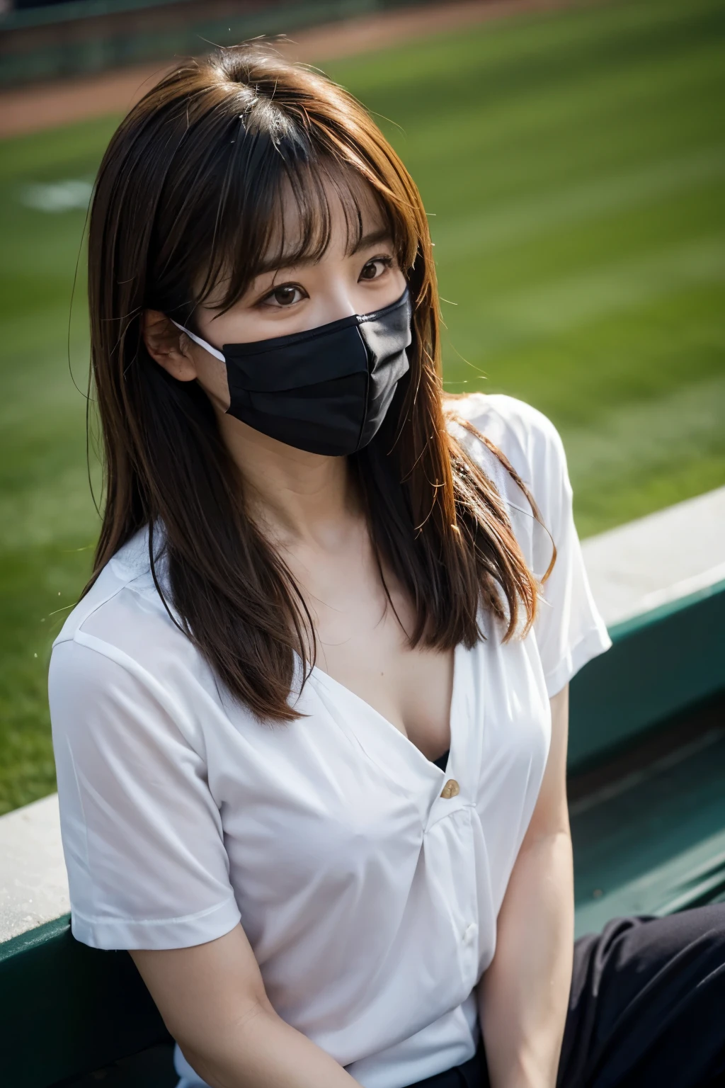 (8k, RAW Photo, Best Picture Quality, Masterpiece:1.4), (Realistic, Photorealistic:1.3), Natural, Ultra High Quality, Super Detail, Sharp Focus, Bokeh, Glossy, Depth of Field, BREAK 1 woman, Japanese, milf, (50yo:1.5),long hair, (light brown hair:1.2), black eyes,T-shirt,looking away,(white mask:1.3)
BREAK
(down blouse:1.4), ((nipples, nsfw):0.4), (small breasts:1.1), (woman sitting in bleachers at baseball stadium:1.5), (top view:1.4), (baseball stadium spectator seat:1.2), (perfect anatomy:1.2) BREAK