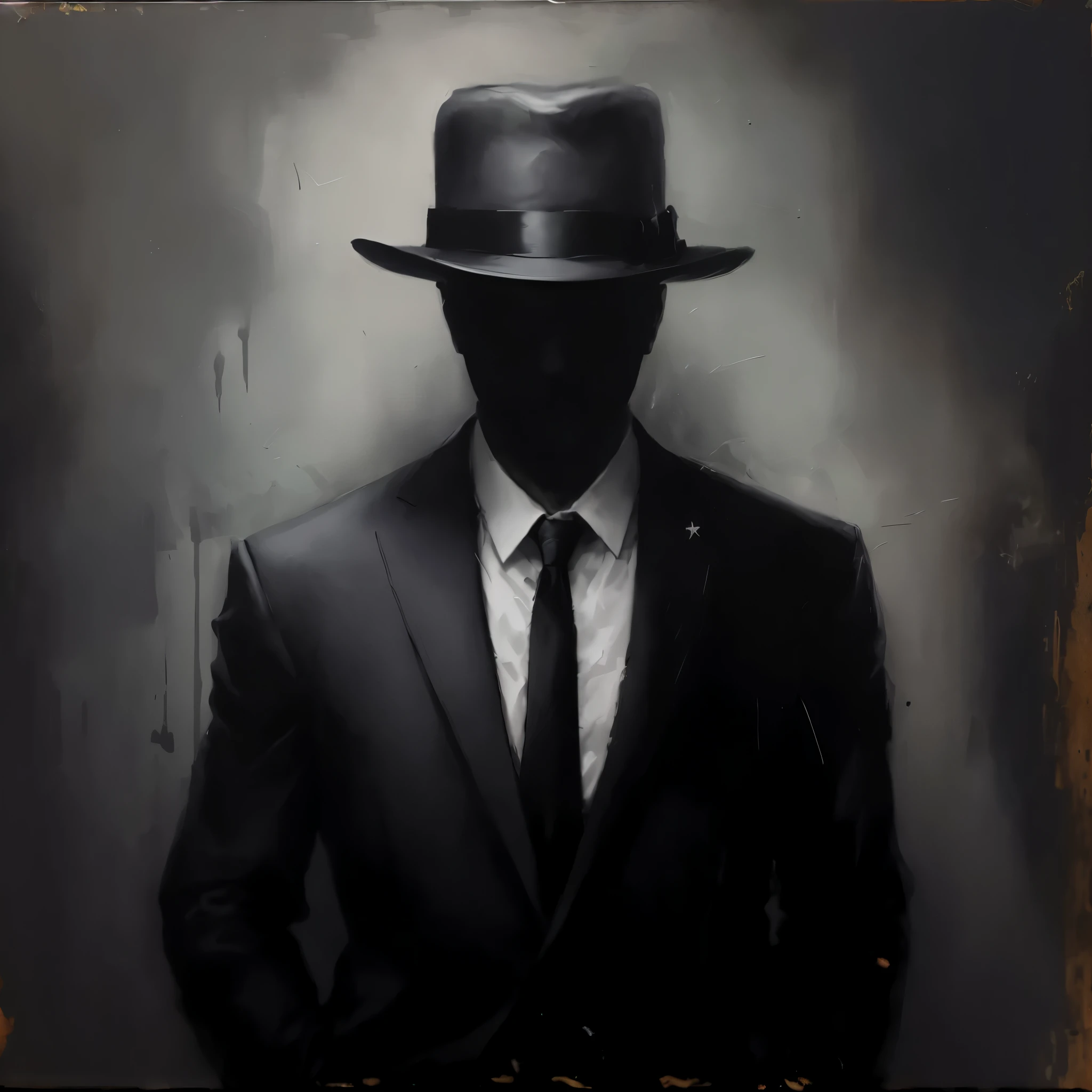 painting of a man in a terno e gravata with a hat, homem misterioso, a man in a suit and hat, Homem de preto, informante sombrio, noir detective and a felt hat, dark hat, desenhado em estilo neo - noir, personagem sombrio e misterioso, olhos brilhantes neon, retrato misterioso, Homem de preto suit, terno e gravata, terno escuro