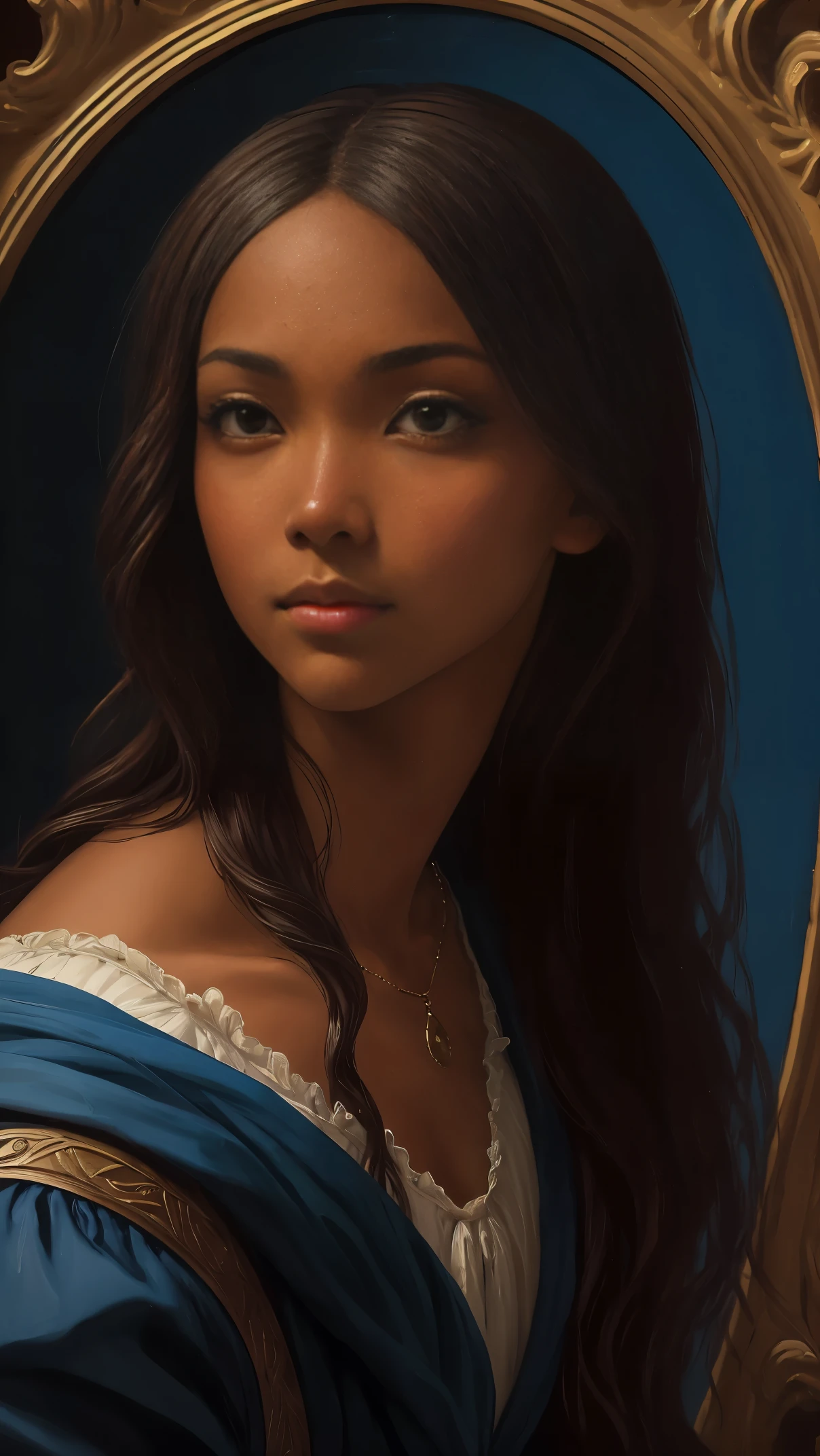 oil painting by Leonardo da Vinci, realistic portrait, closeup face of Gabrielle Union with dark skin, ebony nose, long hair, her eyes are sweet and vibrant, her face symmetrical, rich coffee brown skin, softly lit luminosity on the face by REMBRADT, sitting position, Adobe Illustration, Trending on Artstation, 8K, hd, cinematic, masterpiece, magnificent art, best quality, romanticism Renaissance period, oil on canvas, rich blue background 