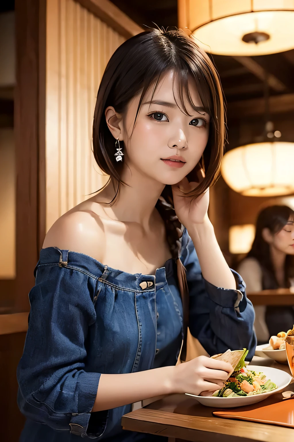 a traveler woman, casual-clothes, drooping eyes, tiny earrings, in the Japanese-restaurant, Japanese-foods, drinks,