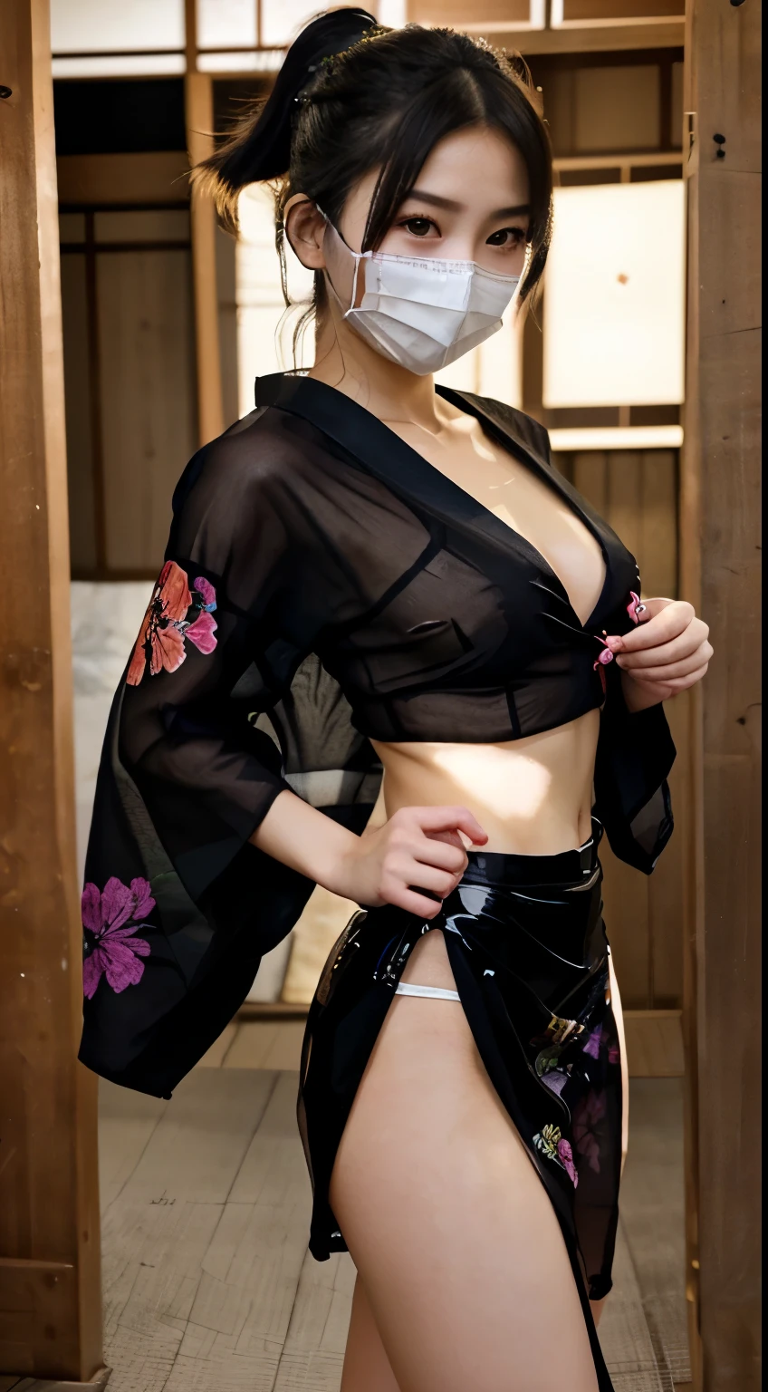 NSFW、最high quality、high quality、best image quality、8K、最High resolution、High resolution、最high quality、masterpiece、RAW photo、full body photo、realistic atmosphere、(detailed face)、(fine hands、thumb1reference4)、(beauty of japan )、very nice face、cute face、((beautiful japanese girl))、(japanese woman), ((18 year old beautiful girl))、(glossy black hair)、(straight long hair)、(ponytail)、slim style、(shiny skin)、(Fair skin, Glossy skin)、real human skin、realistic human body structure、perfect body, perfect face, perfect hands, perfect fingers, perfect lips, perfect eyes,perfect teeth、perfect background, perfect atmosphere,professional lighting、Ainu folk costume kigurumi、japanese traditional、(kunoichi kimono)、In front of samurai residence、((Transparent sheer dark color(floral crop top kimono、side slit super mini skirt、mouth mask))、((Random pose with movement))、((Angles from random angles))