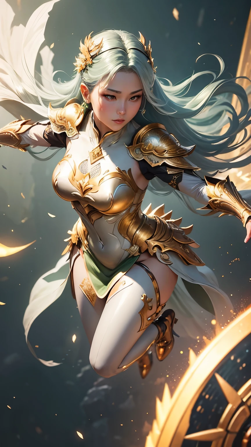 a close up of a woman in a silver and gold green dress, flying, full body, chengwei pan on artstation, by Yang J, detailed fantasy art, stunning character art, fanart best artstation, epic exquisite character art, beautiful armor, extremely detailed artgerm, detailed digital anime art, artgerm on artstation pixiv, armor girl