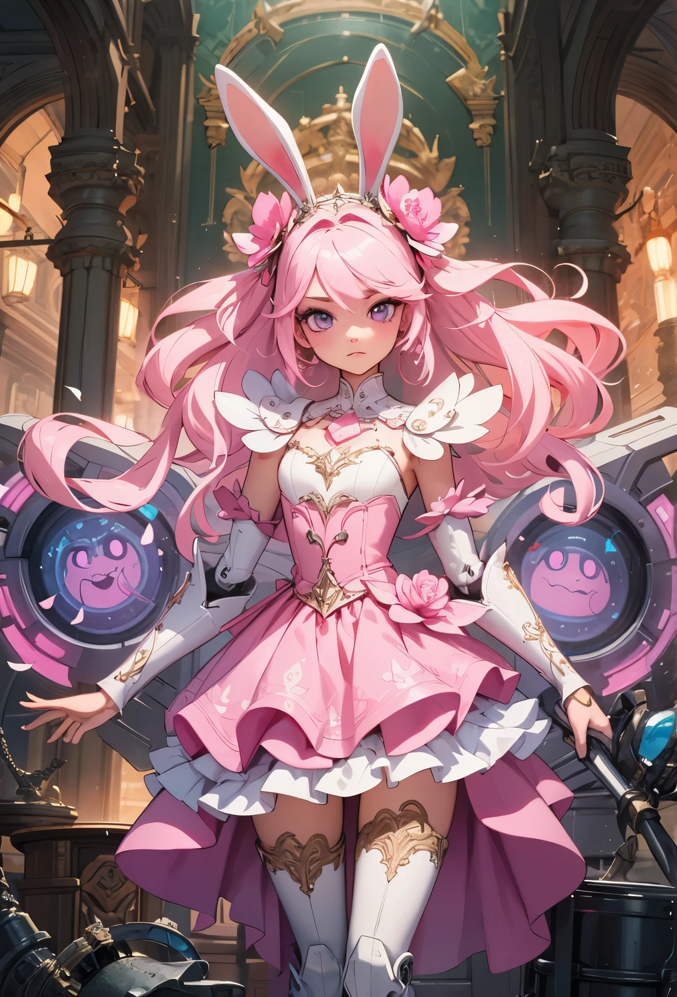 (detailed illustrations,Very detailed and precise drawing,Delicate drawn lines with tempo,Realistic texture expression),[color traced main line],(fantasy world battlefield [burning castle]),(GIRL ROBOT  (pink rabbit [METALFACE[lenticular iris]])) [WEAPON MACHINE],(([petal] metal dress [frills]) [flower pattern] [Clear pink translucent armor that covers the body surface]) [ribbon]) [Energy tubes that glow at the joints],[use a sledgehammer as a weapon],[[Mobile Weapon Gigant Size][science fiction mechanical]],(Metallic luster on metal parts),(intricate and beautiful decoration [Dense detail]),(Precisely drawn face)[perfect eye details(Beautifully detailed iris)[eyes like jewels]],[long and beautiful eyelashes],[precisely drawn hair [Beautiful and shiny hair details]],(perfect hand details [Beautiful fingers with no damage [beautiful nails]]),(perfect anatomy(perfectly balanced proportions))[[full body portrait]],[ideal color coordination(Accurate simulation of light and material interactions)],[Visual art that tells a story].