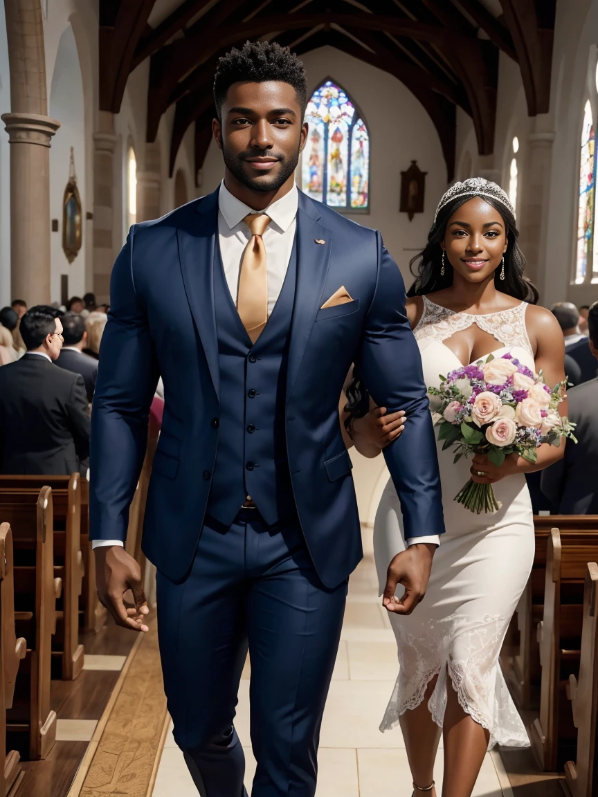 8k,8K resolution,2 Muscular Europeans, handsome man,charming eyes,dark skin,beautiful, smooth and shiny,Full muscles,Thick body hair,naked, (Wearing a stylish suit),big bag,emphasize,Two people holding roses in the church and smiling happily,There are many flowers in the church,professional lighting,Professional photography,Realistic photos,realistic model,realistic art