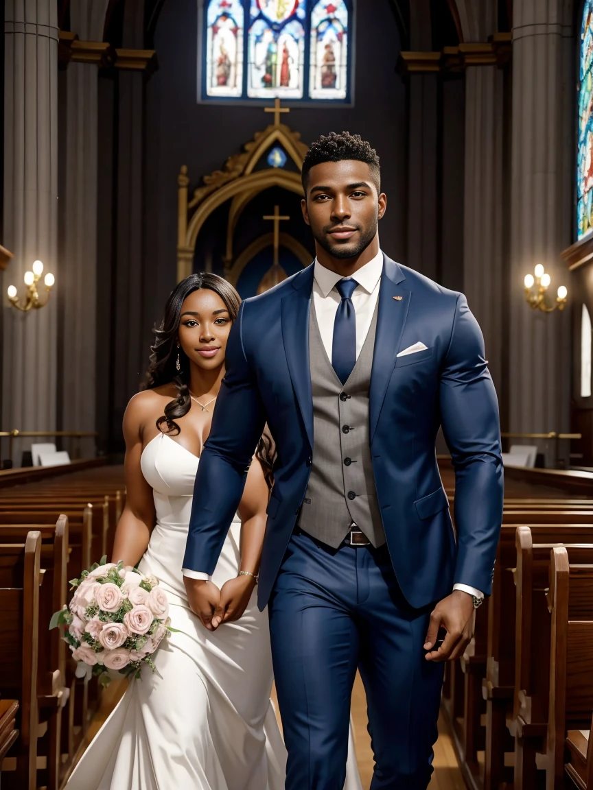 8k,8K resolution,2 Muscular Europeans, handsome man,charming eyes,dark skin,beautiful, smooth and shiny,Full muscles,Thick body hair,naked, (Wearing a stylish suit),big bag,emphasize,Two people holding roses in the church and smiling happily,There are many flowers in the church,professional lighting,Professional photography,Realistic photos,realistic model,realistic art
