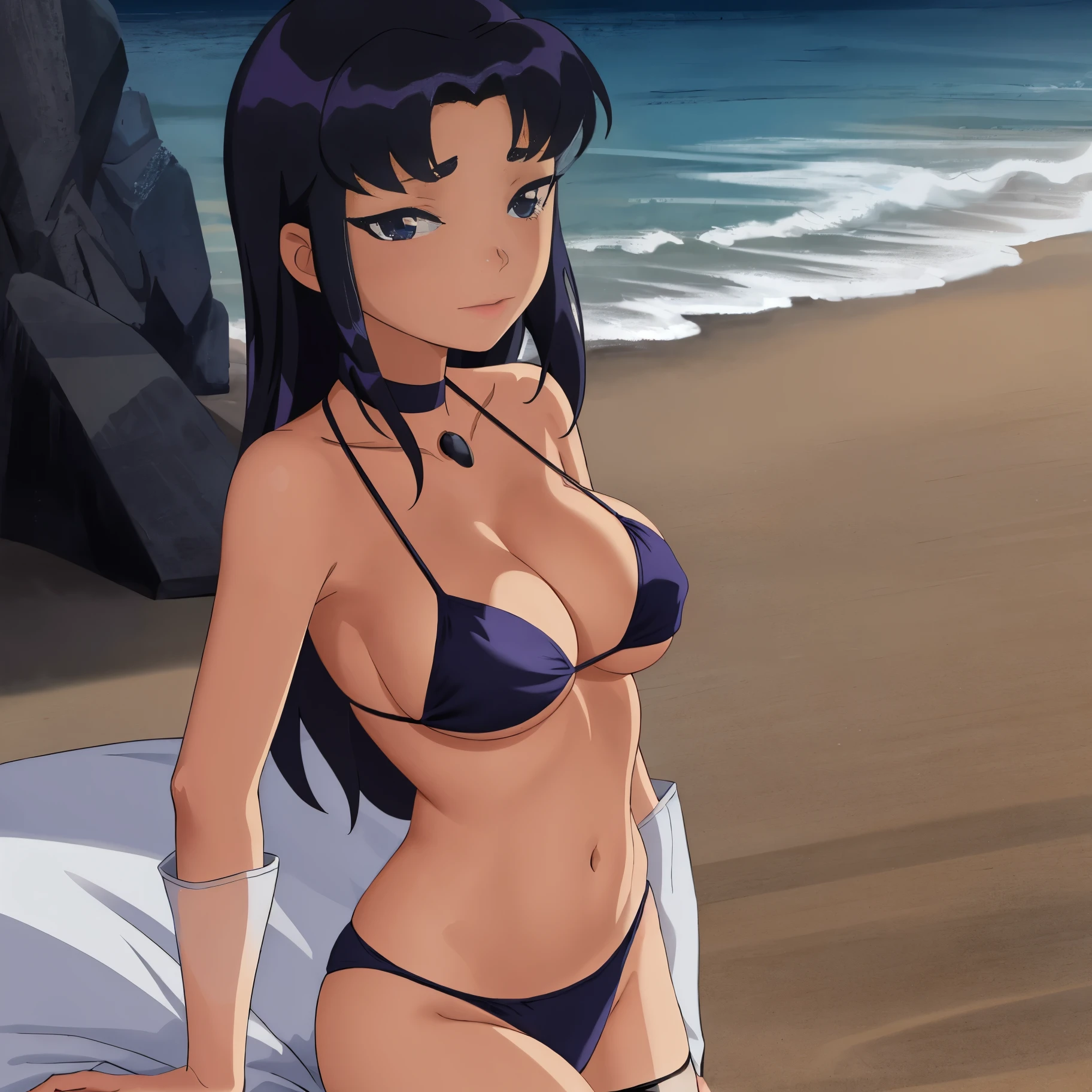 1 girl,solo,black hair,blue bikini,upper body,beach,ocean,choker,sitting,large breast,masterpiece, best quality,anime coloring,cell shading,cartoon style