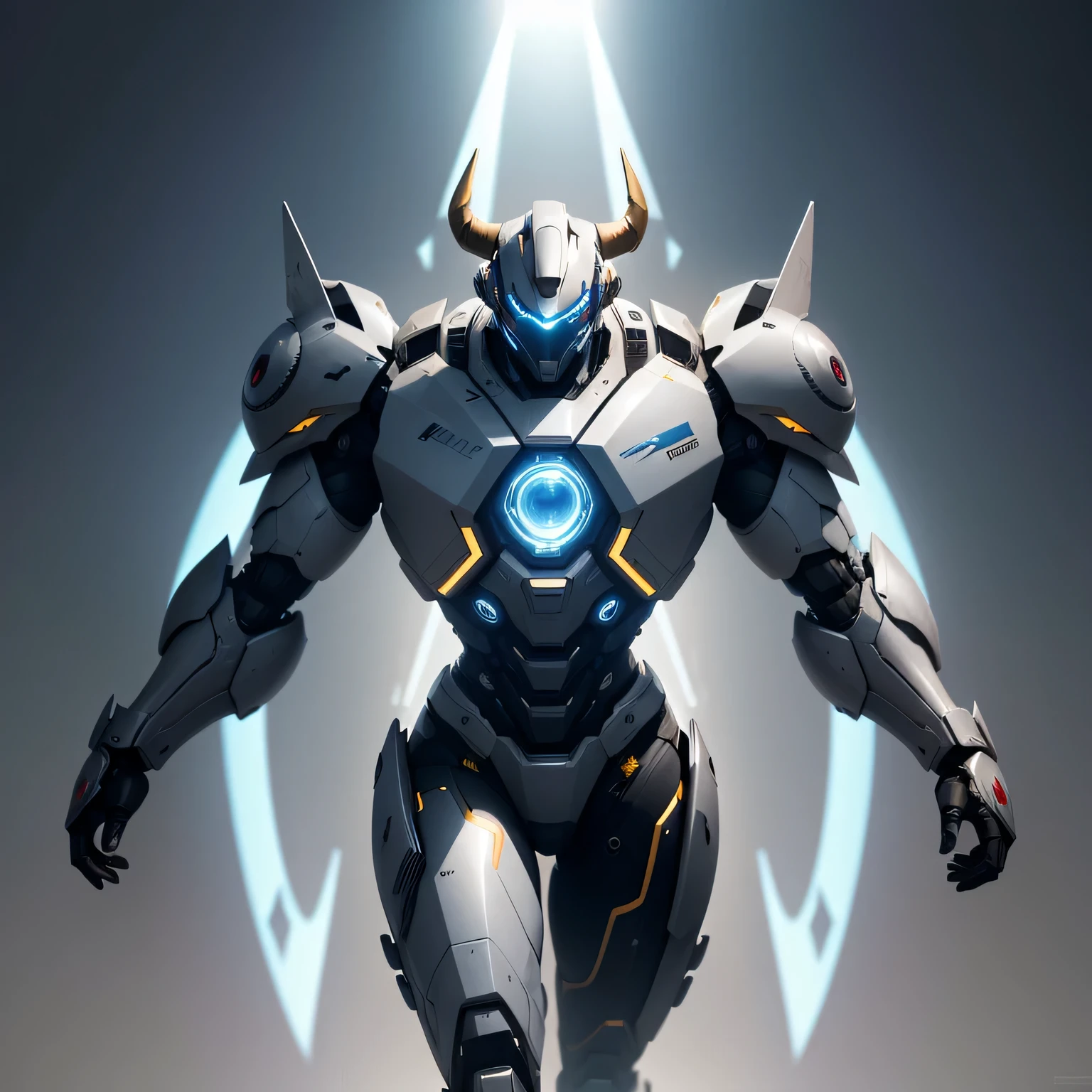 Create a digital masterpiece of a male robot with stunning bull-inspired armor. The armor should be predominantly gold with details in blue and gold. The mecha must be in a dynamic flying pose, walking towards the viewer. Deve ter olhos brilhantes da cor de ouro e possuir um corpo bem robusto, ethereal light. The background should show a panoramic view of the Earth, uma nebulosa, and the vastness of space with vibrant particles and colors. Lighting should use two-tone lighting techniques, com destaque para uma grande abertura, ISO baixo, and proper white balance. The composition must follow the rule of thirds, e o mecha&#39;Pose and armor must show perfect proportions. The image must be rendered in 8K RAW using advanced technologies such as HDR, Rastreamento de raio, NVIDIA RTX, Super resolution, irreal 5, underground dispersal, PBR texturing, post-processing, Anisotropic filtering, profundidade de campo, Maximum contrast and clarity, Texturas multicamadas, Maps albedo and specular detection, Surface shading, Accurate simulation of light-material interaction, and efficient subpixel convolution. The final artwork must encapsulate the essence of the cyberpunk aesthetic, maintaining the beauty and elegance of the bull-inspired design.
