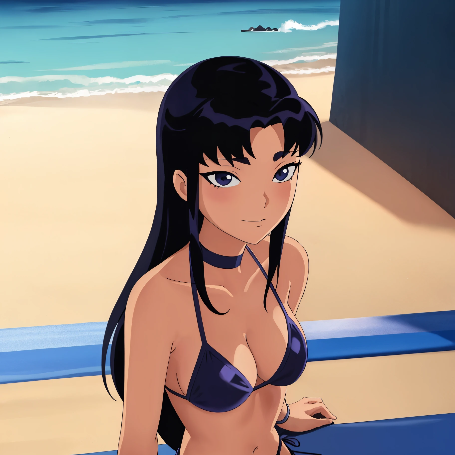 1 girl,solo,black hair,blue bikini,upper body,beach,ocean,choker,sitting,masterpiece, best quality,anime coloring,cell shading,cartoon style