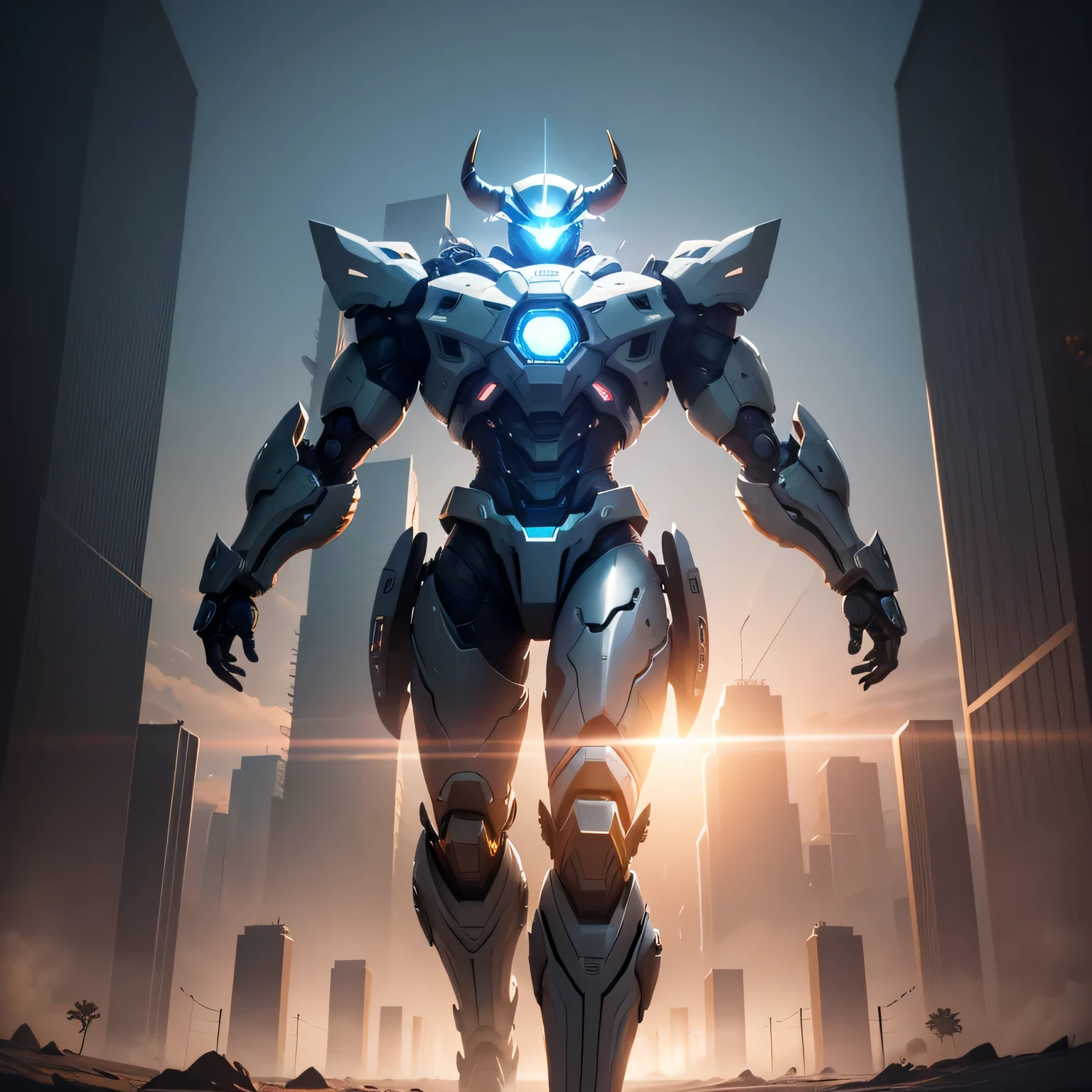 Create a digital masterpiece of a male robot with stunning bull-inspired armor. The armor should be predominantly gold with details in blue and gold. The mecha must be in a dynamic flying pose, walking towards the viewer. Deve ter olhos brilhantes da cor de ouro e possuir um corpo bem robusto, ethereal light. The background should show a panoramic view of the Earth, uma nebulosa, and the vastness of space with vibrant particles and colors. Lighting should use two-tone lighting techniques, com destaque para uma grande abertura, ISO baixo, and proper white balance. The composition must follow the rule of thirds, e o mecha&#39;Pose and armor must show perfect proportions. The image must be rendered in 8K RAW using advanced technologies such as HDR, Rastreamento de raio, NVIDIA RTX, Super resolution, irreal 5, underground dispersal, PBR texturing, post-processing, Anisotropic filtering, profundidade de campo, Maximum contrast and clarity, Texturas multicamadas, Maps albedo and specular detection, Surface shading, Accurate simulation of light-material interaction, and efficient subpixel convolution. The final artwork must encapsulate the essence of the cyberpunk aesthetic, maintaining the beauty and elegance of the bull-inspired design.