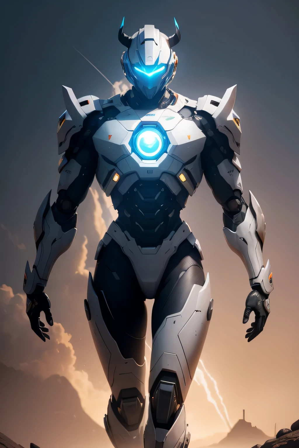 Create a digital masterpiece of a male robot with stunning bull-inspired armor. The armor should be predominantly white with details in blue and gold. The mecha must be in a dynamic flying pose, diving from space towards the viewer. Deveria ter olhos brilhantes e possuir um corpo bem robusto, ethereal light. The background should show a panoramic view of the Earth, uma nebulosa, and the vastness of space with vibrant particles and colors. Lighting should use two-tone lighting techniques, com destaque para uma grande abertura, ISO baixo, and proper white balance. The composition must follow the rule of thirds, e o mecha'Pose and armor must show perfect proportions. The image must be rendered in 8K RAW using advanced technologies such as HDR, Rastreamento de raio, NVIDIA RTX, Super resolution, irreal 5, underground dispersal, PBR texturing, post-processing, Anisotropic filtering, profundidade de campo, Maximum contrast and clarity, Texturas multicamadas, Maps albedo and specular detection, Surface shading, Accurate simulation of light-material interaction, and efficient subpixel convolution. The final artwork must encapsulate the essence of the cyberpunk aesthetic, maintaining the beauty and elegance of the bull-inspired design.