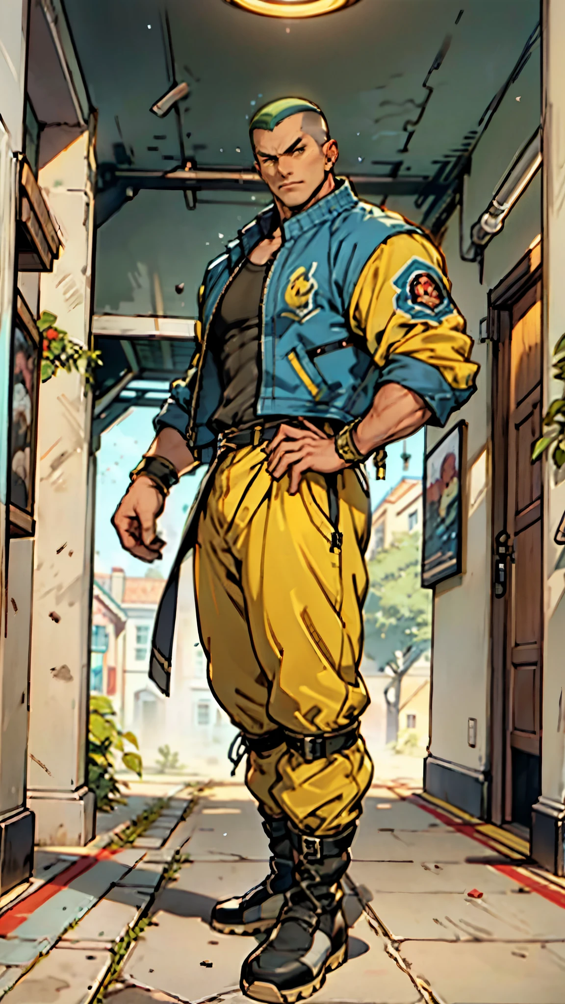 In the backdrop of an ancient fantasy-reality setting, a youth sporting a platinum crew cut displays a piercing gaze and confident demeanor. Adorned in a two-piece fusion outfit, seamlessly blending Western and Eastern influences, he wears a snug dark top paired with a vibrant yellow-blue short jacket. The lower half features loose white utility pants, and his sturdy long boots echo through the corridors of an antiquated architectural landscape. The overall aesthetic captures the essence of a refined and mature anime-inspired rogue, symmetrical face, extremely detailed eyes and face, high quality eyes, high definition, highres, ultra-fine painting, exquisite and mature, extremely delicate, professional, anatomically correct, creativity, UHD, HDR, 32k, Natural light, cinematic lighting, best shadow, masterpiece-anatomy-perfect, best quality, masterpiece, ultra-detailed
