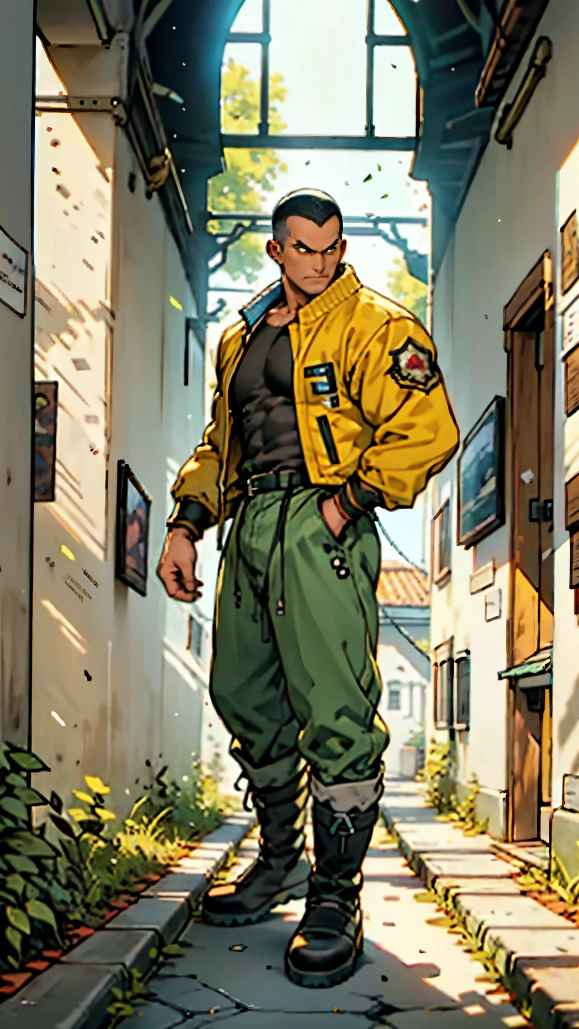 In the backdrop of an ancient fantasy-reality setting, a youth sporting a platinum crew cut displays a piercing gaze and confident demeanor. Adorned in a two-piece fusion outfit, seamlessly blending Western and Eastern influences, he wears a snug dark top paired with a vibrant yellow-blue short jacket. The lower half features loose white utility pants, and his sturdy long boots echo through the corridors of an antiquated architectural landscape. The overall aesthetic captures the essence of a refined and mature anime-inspired rogue, symmetrical face, extremely detailed eyes and face, high quality eyes, high definition, highres, ultra-fine painting, exquisite and mature, extremely delicate, professional, anatomically correct, creativity, UHD, HDR, 32k, Natural light, cinematic lighting, best shadow, masterpiece-anatomy-perfect, best quality, masterpiece, ultra-detailed