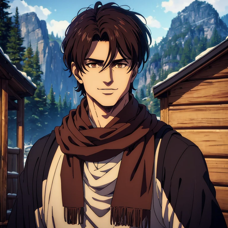 (best quality,4k,,masterpiece:1.2),ultra-detailed,realistic,photorealistic:1.37,male character who well built ,brown eyes,black medium frenzy hair,blue scarf,sharp jawline, he is smiling, behind him a small cabin,
