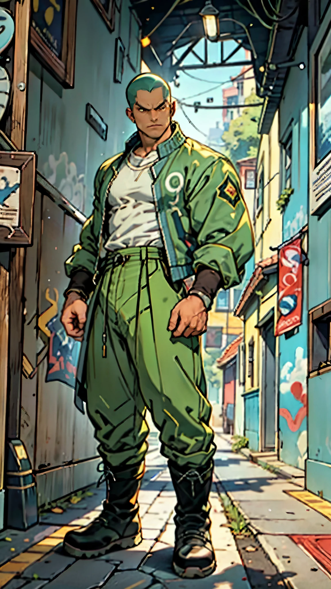 In the backdrop of an ancient fantasy-reality setting, a youth sporting a platinum crew cut displays a piercing gaze and confident demeanor. Adorned in a two-piece fusion outfit, seamlessly blending Western and Eastern influences, he wears a snug dark top paired with a vibrant yellow-blue short jacket. The lower half features loose white utility pants, and his sturdy long boots echo through the corridors of an antiquated architectural landscape. The overall aesthetic captures the essence of a refined and mature anime-inspired rogue, symmetrical face, extremely detailed eyes and face, high quality eyes, high definition, highres, ultra-fine painting, exquisite and mature, extremely delicate, professional, anatomically correct, creativity, UHD, HDR, 32k, Natural light, cinematic lighting, best shadow, masterpiece-anatomy-perfect, best quality, masterpiece, ultra-detailed