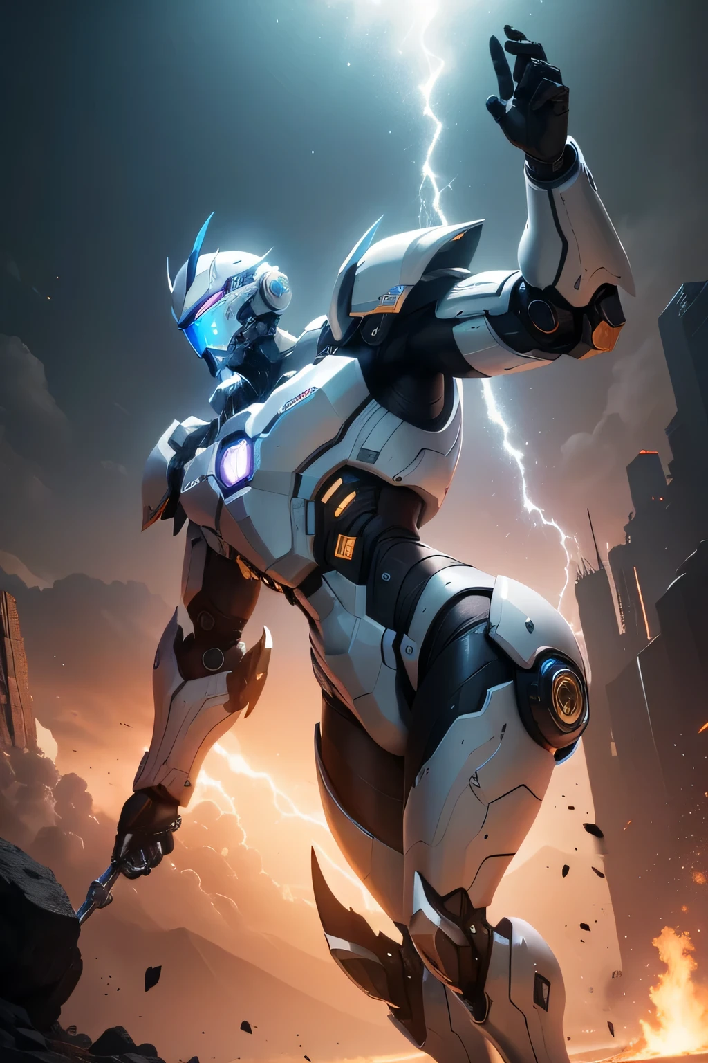 Create a digital masterpiece of a male robot with stunning bull-inspired armor. The armor should be predominantly white with details in blue and gold. The mecha must be in a dynamic flying pose, diving from space towards the viewer. Deveria ter olhos brilhantes e possuir um corpo bem robusto, ethereal light. The background should show a panoramic view of the Earth, uma nebulosa, and the vastness of space with vibrant particles and colors. Lighting should use two-tone lighting techniques, com destaque para uma grande abertura, ISO baixo, and proper white balance. The composition must follow the rule of thirds, e o mecha'Pose and armor must show perfect proportions. The image must be rendered in 8K RAW using advanced technologies such as HDR, Rastreamento de raio, NVIDIA RTX, Super resolution, irreal 5, underground dispersal, PBR texturing, post-processing, Anisotropic filtering, profundidade de campo, Maximum contrast and clarity, Texturas multicamadas, Maps albedo and specular detection, Surface shading, Accurate simulation of light-material interaction, and efficient subpixel convolution. The final artwork must encapsulate the essence of the cyberpunk aesthetic, maintaining the beauty and elegance of the bull-inspired design.