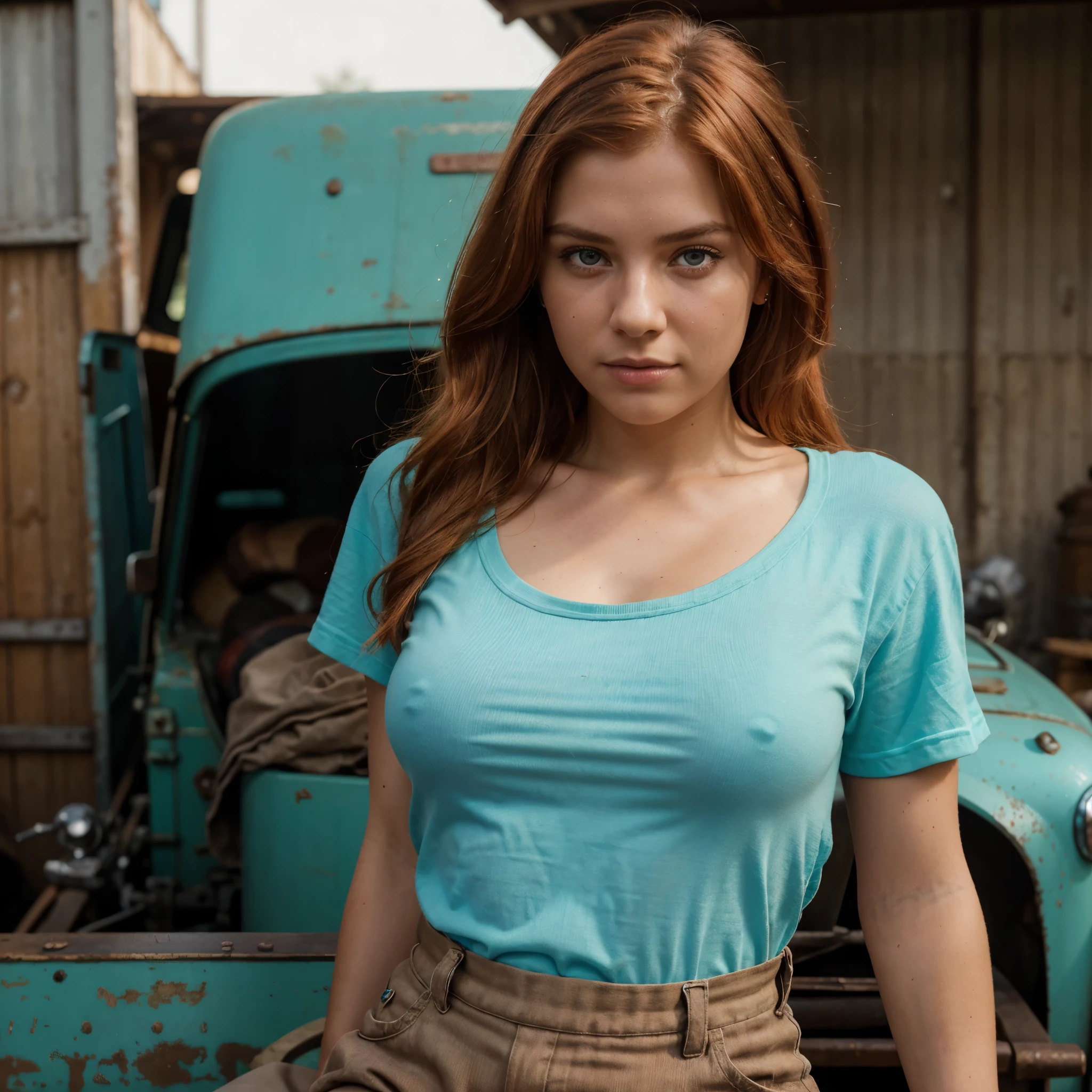 RAW uhd portrait of a 24-year-old blonde, Natural red hair, Wavy, (brown-eyed woman) A 1958 Chevrolet truck with a turquoise patina in front of the grain warehouse. The engine is being repaired, the hood open, revealed by a woman in turquoise trousers, a dirty white t-shirt, overalls, and a bandana, showcasing her full figure and looking shabby. Hyper-realistic, cinematic, photorealistic, ultra HD, detailed textures, 8K images, redhead, (Red Summer Dress), (cutout), Detailed (textures!, Hair!, brightness, Color!, imperfections:1.1), High detail of light eyes, (looking at the camera), specular lighting, DSLR, ultra quality, sharp-focus, Sharp, Depth of field, Film grain, (centered), Fujifilm XT3, Crystal clear, The center of the frame, cute face, sharp-focus, neon lights, bokeh, (dimly lit), Low key, turquoise.