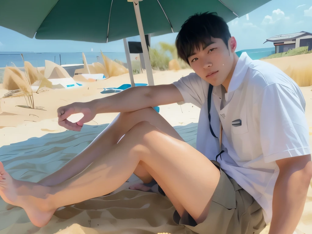 Sandy beach Full body photo Bare feet Toned male legs Hairy legs Wheat-colored skin Two-block shorts Legs visible Long legs Japanese Man in his 20s