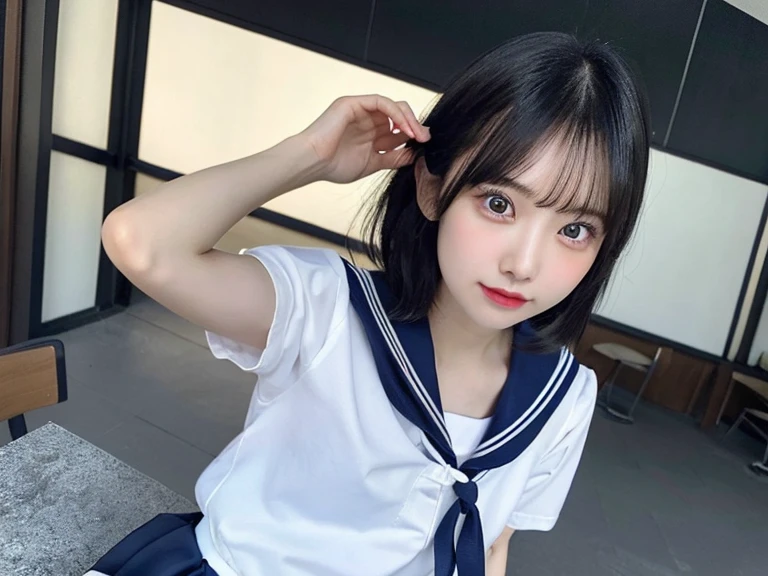 (table top, highest quality:1.2), 8K, Pull up the skirt with your hands、official art, RAW photo,Angle from directly below、pull up the skirt、beautiful skin、embarrassing、Taken from directly below、full board building 4、white panties、pretty girl、、skinny、14 years、incredibly ridiculous, (Upper body, sailor suit、uniform:1.4), beautiful girl, cute face, turn back,、black hair bob、short sleeve, violaces, , looking at the viewer, film grain, chromatic aberration, sharp focus, face light, dynamic lighting, cinematic lighting, Eye and face details