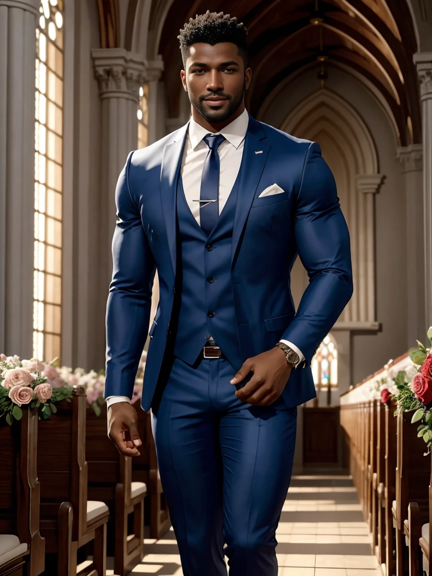 8k,8K resolution,2 Muscular Europeans, handsome man,charming eyes,dark skin,beautiful, smooth and shiny,Full muscles,Thick body hair,naked, (wearing a stylish suit),big bag,emphasize,2 men holding roses in church, happy smiling people,There are many flowers in the church,professional lighting,Professional photography,Realistic photos,realistic model,realistic art