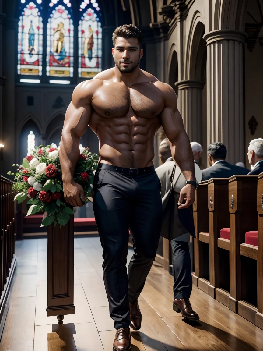 8k,8K resolution,2 Muscular Europeans, handsome man,charming eyes,dark skin,beautiful, smooth and shiny,Full muscles,Thick body hair,naked, (wearing a stylish suit),big bag,emphasize,2 men holding roses in church, happy smiling people,There are many flowers in the church,professional lighting,Professional photography,Realistic photos,realistic model,realistic art