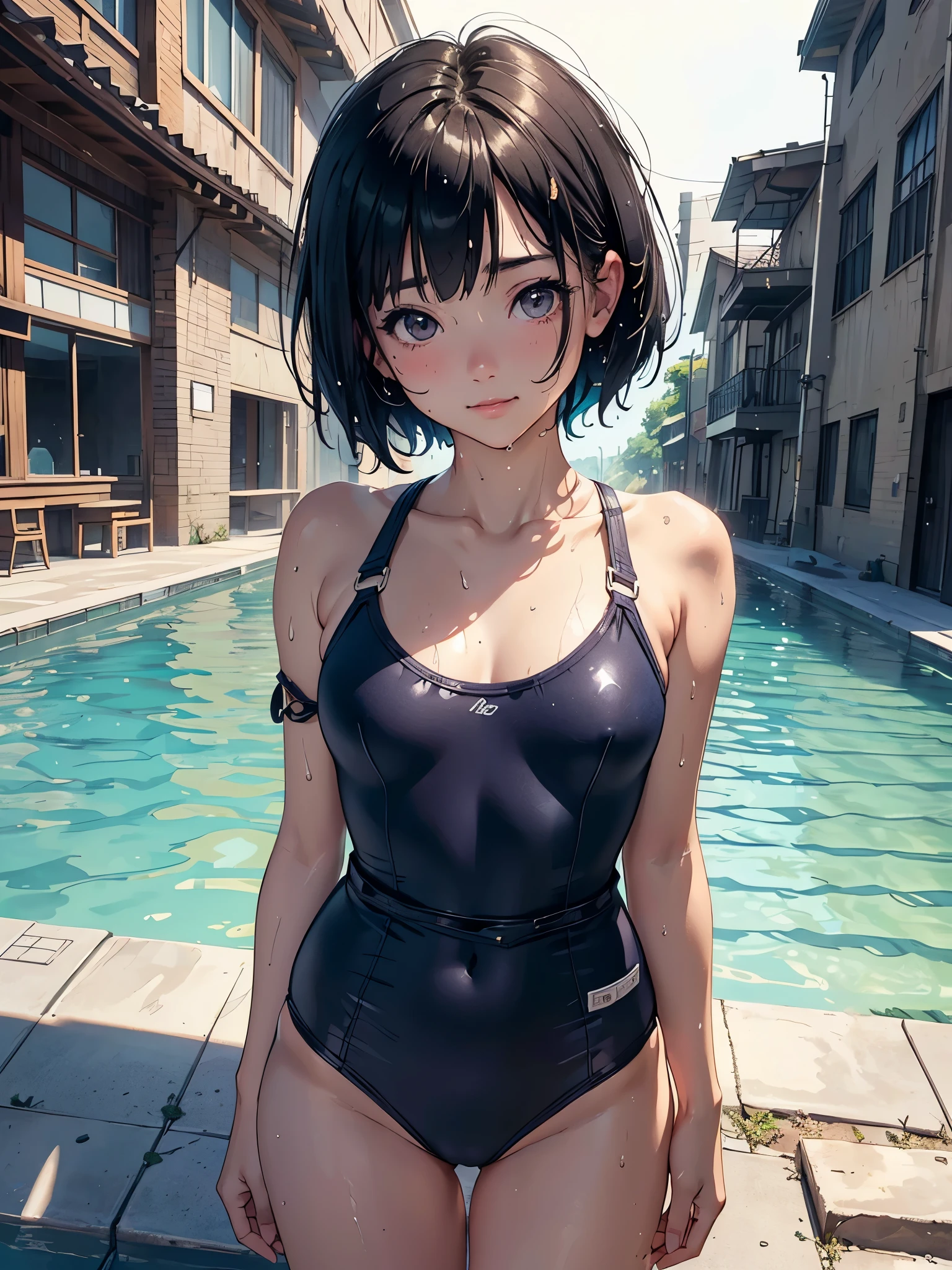 master piece、highest quality、highest level、Highest image quality、muste piece、intricate details、high resolution、depth field、Natural light、professional lighting、1 girl、(cute:1.2)、Very beautiful  cartoon girl、smile、(high detail skin: 1.2)、Photorealistic anime girl rendering、Realistic anime 3D style、short bob cut、Beautiful black hair、intense black eyes、strong eye highlights、perfect anatomy、messy hair、old style school swimwear、navy blue school swimsuit、((wet with water))、((The shoulder straps of the swimsuit slip off.、come off))、from below、((from the front))、((Concrete background))、
