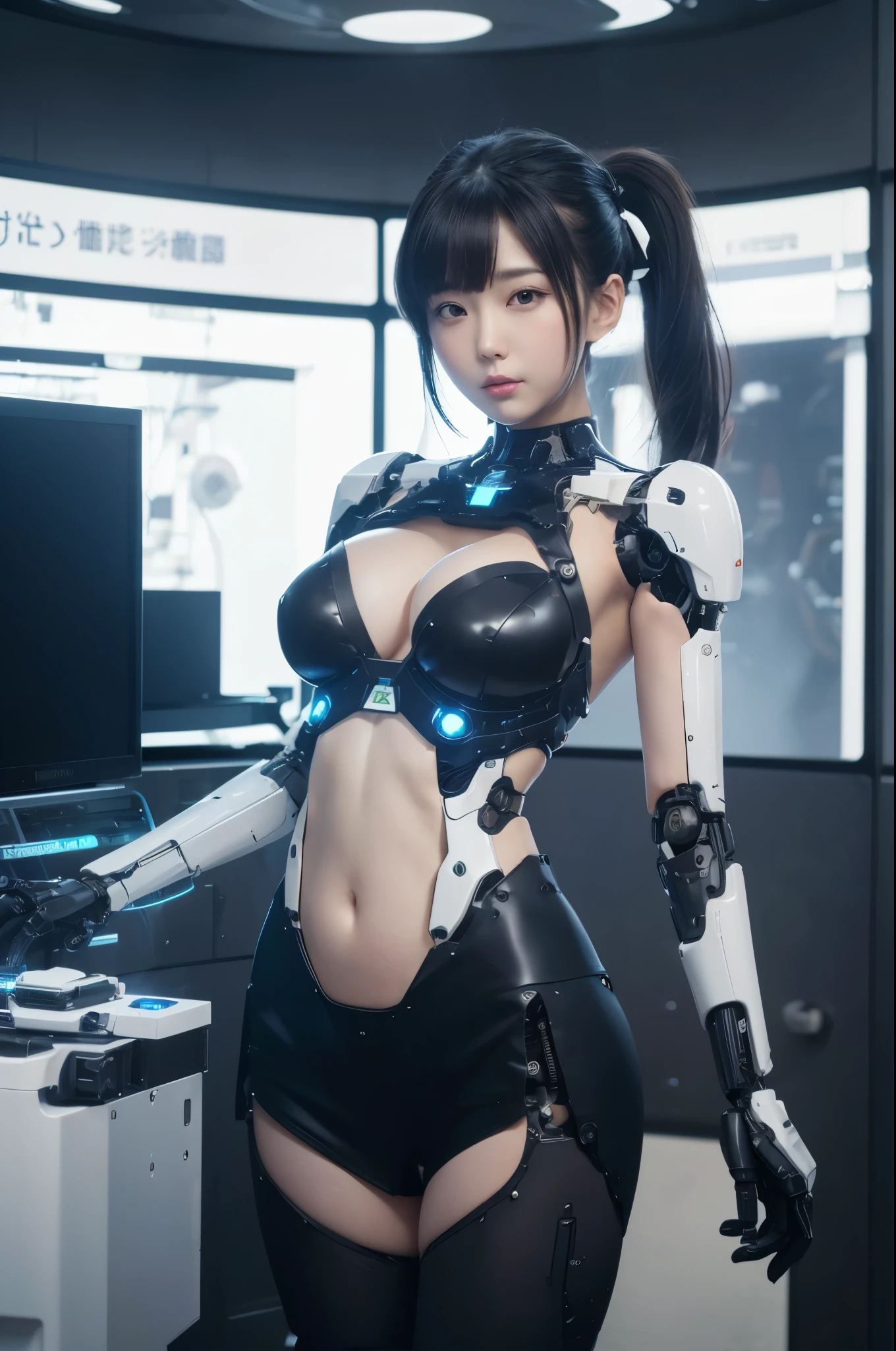 masterpiece, best quality, extremely detailed, hight resolution, 超A high resolution:1.1, (masutepiece, Realistic, Photorealsitic:1.1),8k portrait, Japaese android Girl,Plump,single eyelid,announcer,control panels,android,Droid,Mechanical Hand, Robot arms and legs, Black hair,Mechanical body,Blunt bangs,perfect mechanical abdomen,White robotics parts,perfect robot woman,cyberpank costume,She is powered by electricity,future laboratory,perfect plastic body,perfect mechanical body,black sponge joints,The removable cover is on the groin,The connection port is on the groin,opened chest panel,access panel on the chest,opened breast panel,perfect mechanical breast,machine body,white robot body,ceramic breast,perfect plastic breast,She has been assembled by robotarm,assembly plant,miniskirt,pleated skirt,boots,perfect future costume,perfect mechanical bodycover,separate booth,She has storaged in the booth,perfect machine body,perfect cyborg girl,