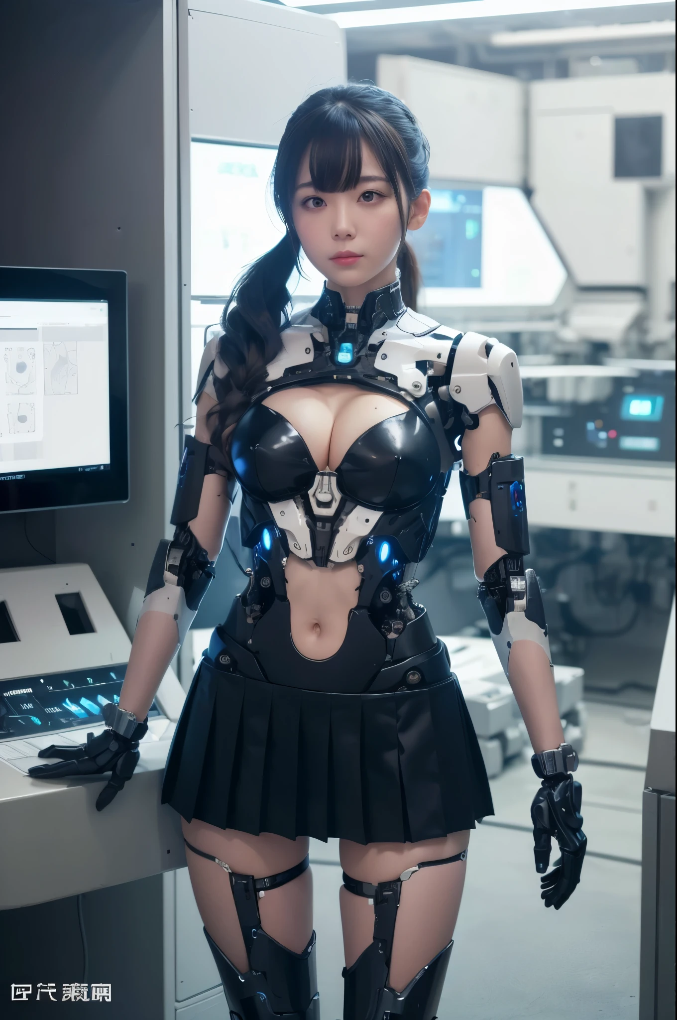 masterpiece, best quality, extremely detailed, hight resolution, 超A high resolution:1.1, (masutepiece, Realistic, Photorealsitic:1.1),8k portrait, Japaese android Girl,Plump,single eyelid,announcer,control panels,android,Droid,Mechanical Hand, Robot arms and legs, Black hair,Mechanical body,Blunt bangs,perfect mechanical abdomen,White robotics parts,perfect robot woman,cyberpank costume,She is powered by electricity,future laboratory,perfect plastic body,perfect mechanical body,black sponge joints,The removable cover is on the groin,The connection port is on the groin,opened chest panel,access panel on the chest,opened breast panel,perfect mechanical breast,machine body,white robot body,ceramic breast,perfect plastic breast,She has been assembled by robotarm,assembly plant,miniskirt,pleated skirt,boots,perfect future costume,perfect mechanical bodycover,separate booth,She has storaged in the booth,perfect machine body,perfect cyborg girl,