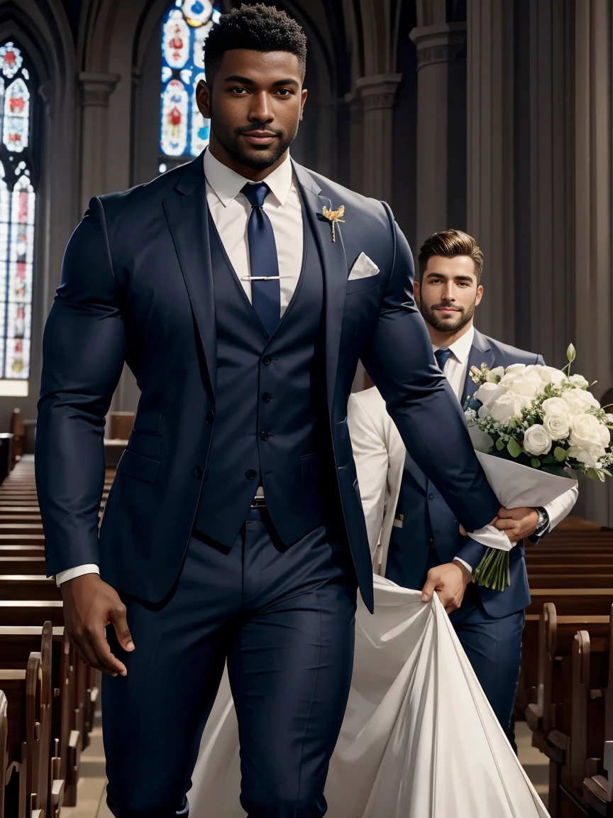 8k，8K resolution，2 Muscular Europeans, handsome man，charming eyes，dark skin,beautiful, smooth and shiny，Full muscles，Thick body hair，naked， (wearing a stylish suit)，big bag，emphasize，2 men holding roses in church and smiling happily，There are many flowers in the church，professional lighting，Professional photography，Realistic photos，realistic model，realistic art