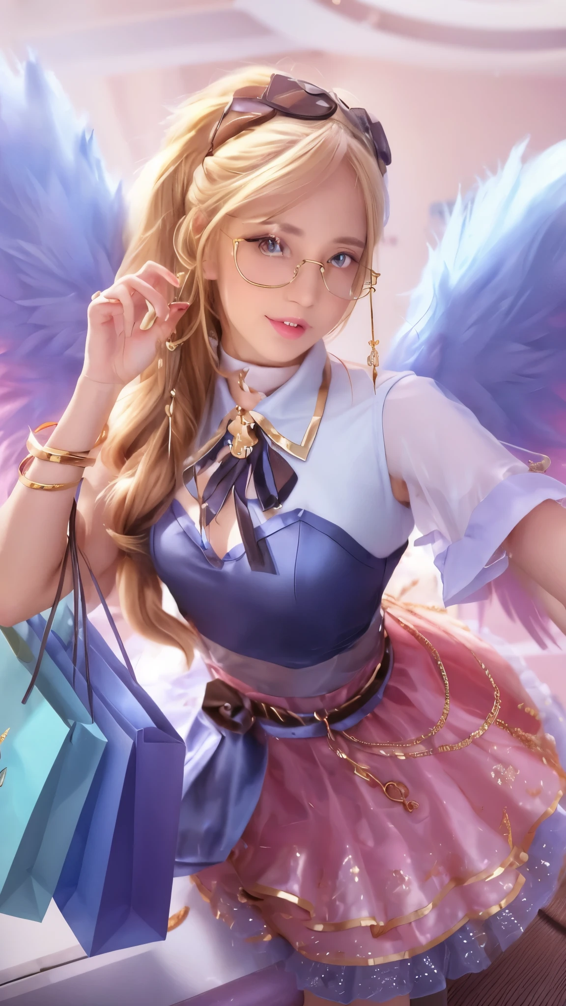  girl using gold glass on eyes with angel wings and a pink dress holding shopping bags, extremely detailed artgerm, style artgerm, ! dream artgerm, style of artgerm, artgerm lau, ig model | artgerm, range murata and artgerm, artgerm. high detail, artgerm. anime illustration, realistik 