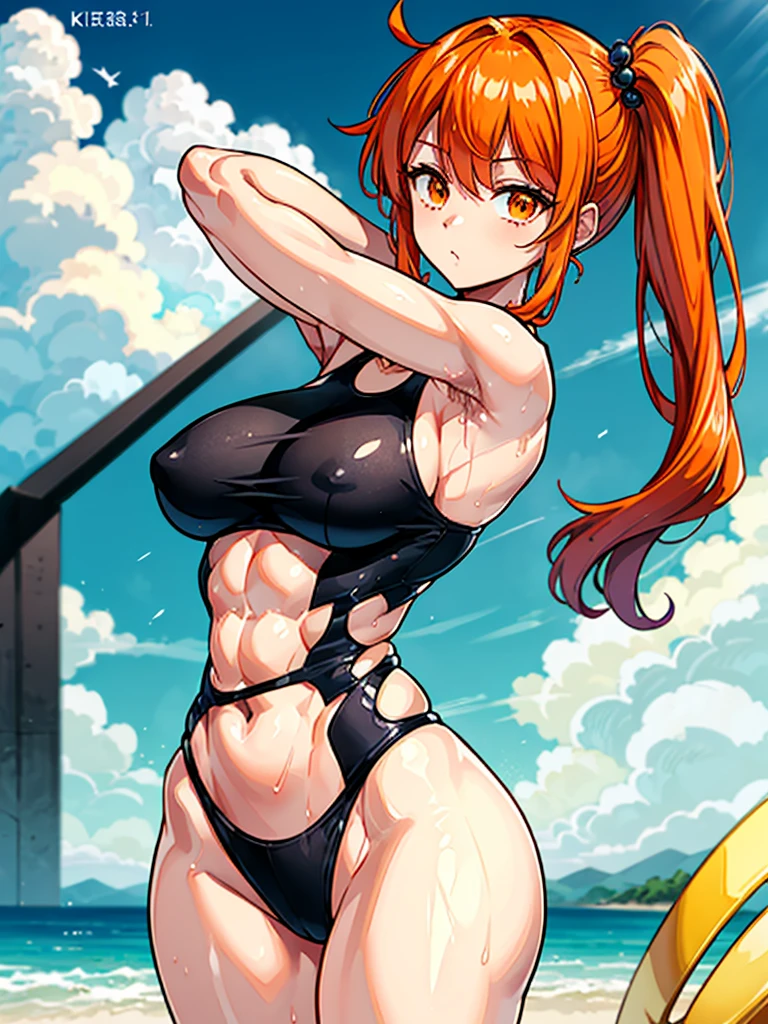 (((masterpiece、Highest image quality、highest quality、highly detailed unity 8kwallpaper)))、((Illustration of one girl))、(((beautiful girl)))、((orange hair、side ponytail、sidelocks:1.4、orange eyes))、(((stocky build:1.5, thickset physique:1.6, muscular legs, broad shoulders:1.6, solid chest:1.5)))、(((Orange hair、hairy armpits:1.8)))、(armpit hair:1.4)、swimsuit、sandy beach