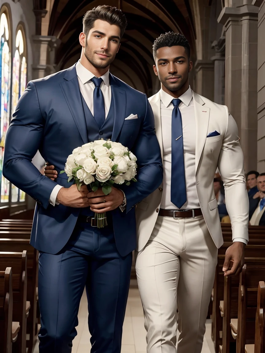 8k,8K resolution,2 Muscular Europeans, handsome man,charming eyes,dark skin,beautiful, smooth and shiny,Full muscles,Thick body hair, (wearing a stylish suit),big bag,emphasize,2 men holding roses in church and smiling happily,There are many flowers in the church,professional lighting,Professional photography,Realistic photos,realistic model,realistic art