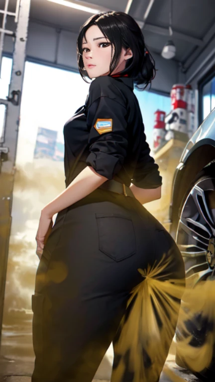 ((velocity)),Attacked by farts, (((Women farting))),(girl farting while change car engine oil),velocity,)(a female mechanic ),(wearing a mechanic clothing),(her butt facing screen)) (short blackhair),(Asian woman),(car repair shop),(masterpiece:1.2、top-quality, best-quality)、(the Extremely Detailed CG Unity 8K Wallpapers、ultra-detailed、Best Shadows)、(细致背景)、(The best lighting、extremely delicate and beautiful)、depth of fields、1girl in、独奏、upward looking gaze、