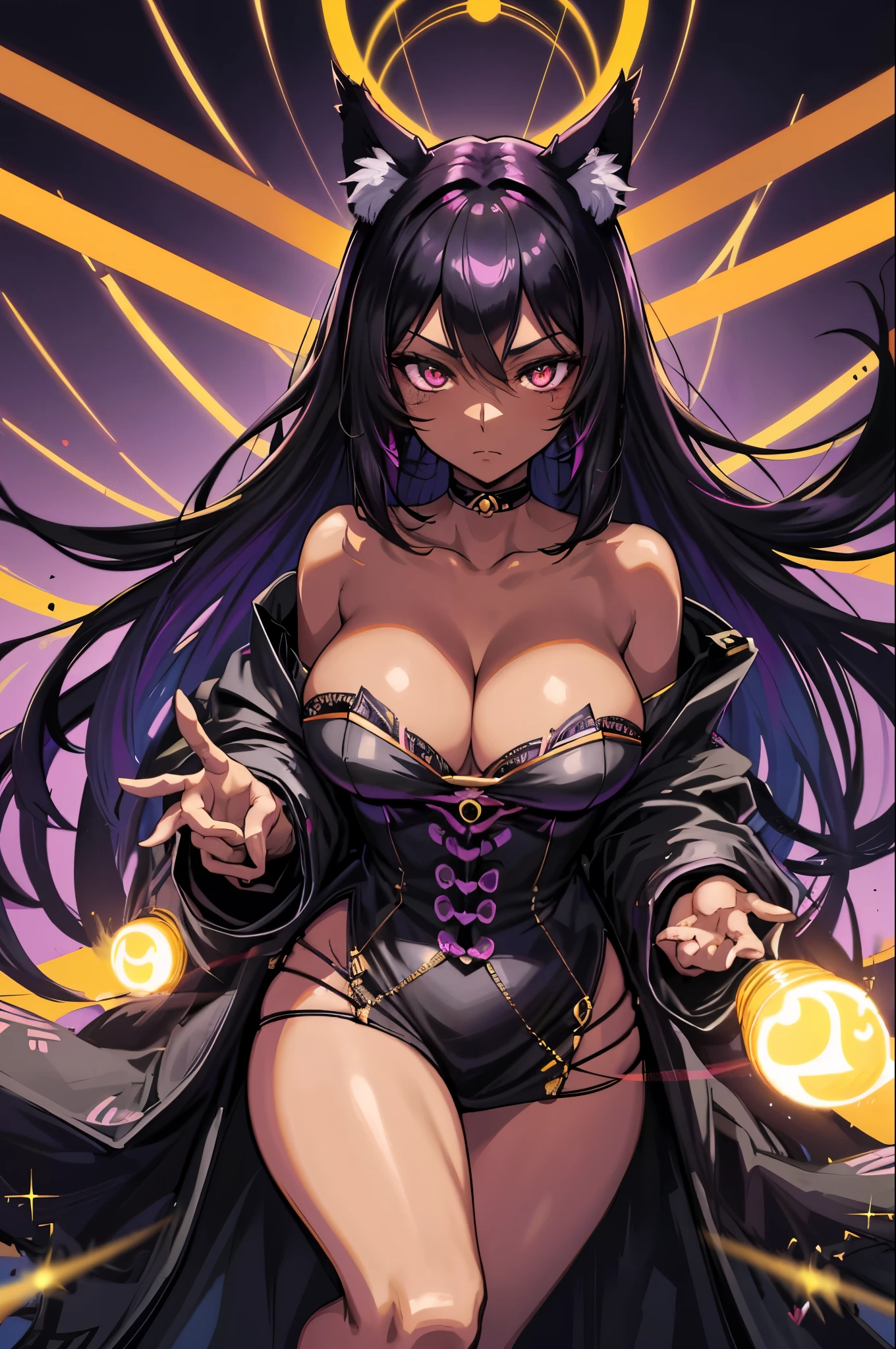 Anime Style Portrait of a sexy, African catgirl, with Jet-black Hair, purple eyes, dark-skinned, black cat ears, 1tail, perfect composition, hyper-detailed, 8K, high quality, perfect eyes, trending art, trending on artstation, sharp focus, studio photo, intricate details, by Tite Kubo，full body