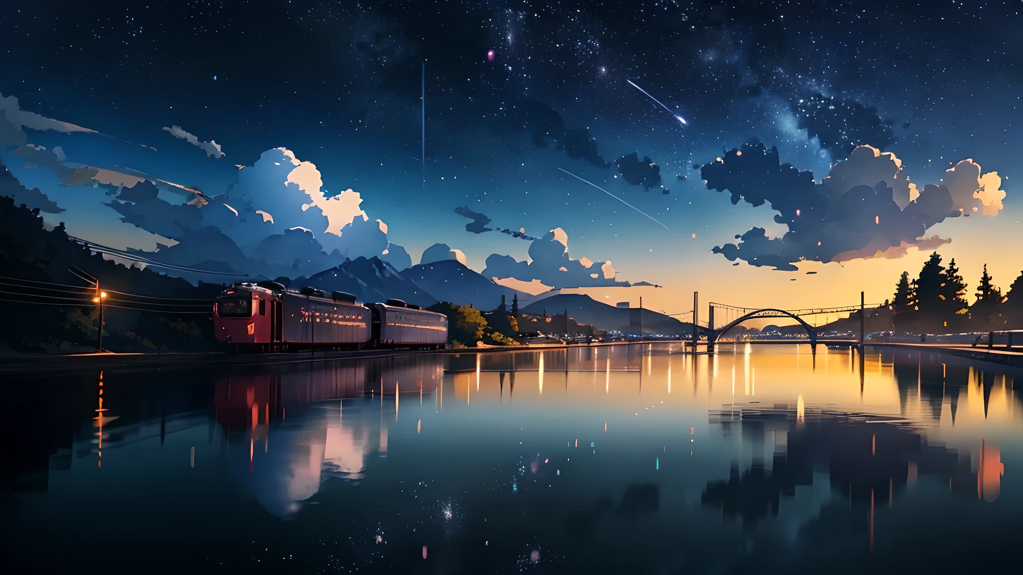 masterpiece, Anime train passing through a body of water on the tracks, Bright starry sky. Romantic Train, makoto shinkai photo, pixiv, concept art, Lofiato style, reflection. by makoto shinkai, Lofiato, beautiful anime scene, anime scenery, Detailed Landscape - Width 672, in makoto shinkai&#39;Style, makoto shinkai&#39;Style, Enhanced details.