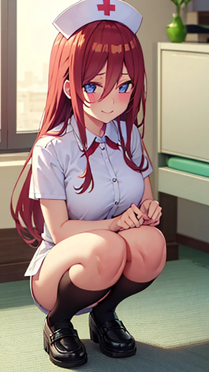 Ꮩ2,Highest image quality,Nurse Costume,,cute face、gentle smile、squat、in the hospital room、White panties are visible、