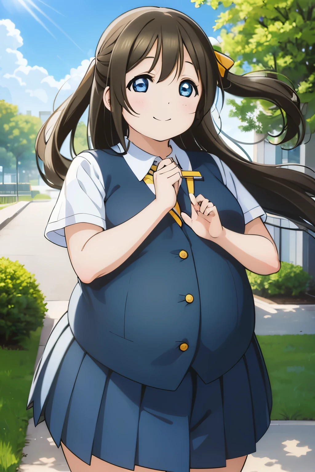 (best quality, masterpiece:1.2), (1girl, solo:1.2), cute, smile, detailed background, (looking at viewer, solo focus:1.2), light on face, sky, blue sky, upper body, sunlight, lens flare, depth of field, scenery, closed mouth,
osaka shizuku, long hair, hair ribbon, blue eyes, black hair, straight hair, nijigasaki academy school uniform, (obesity:1.3), ((fat folds)), ((puffy arms)), (fat rolls, huge belly),