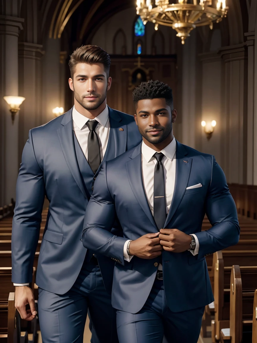 8k，8K resolution，2 Muscular Europeans, handsome man，charming eyes，dark skin,beautiful, smooth and shiny，Full muscles，Thick body hair， (wearing a stylish suit)，big bag，emphasize，2 men holding roses in church and smiling happily，There are many flowers in the church，professional lighting，Professional photography，Realistic photos，realistic model，realistic art