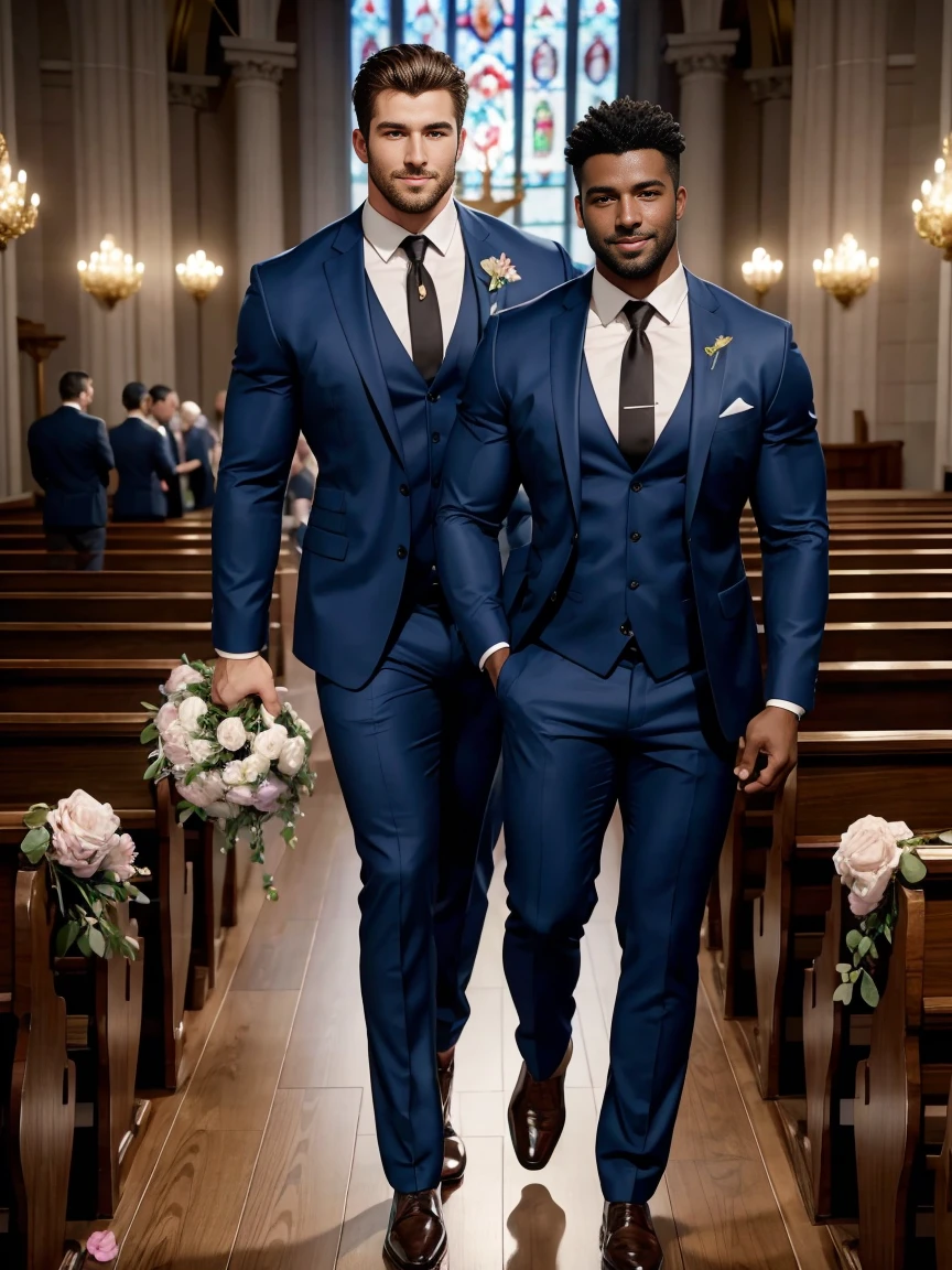 8k,8K resolution,2 Muscular Europeans, handsome man,charming eyes,dark skin,beautiful, smooth and shiny,Full muscles,Thick body hair, (wearing a stylish suit),big bag,emphasize,2 men holding roses in church and smiling happily,There are many flowers in the church,professional lighting,Professional photography,Realistic photos,realistic model,realistic art